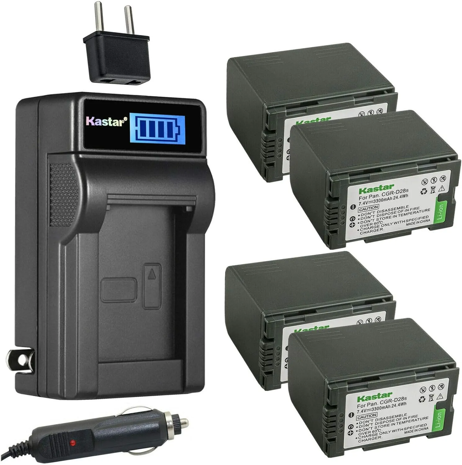 Kastar 4-Pack CGR-D28 Battery and LCD AC Charger Compatible with Panasonic PV-BP8, PV-D401, PV-VM202, DZ-MX5000, VDR-M10, VDR-M20, AJ-PCS060G(Portable Hard Disk), AG-3DA1, AG-3DA1E, AG-3DA1P