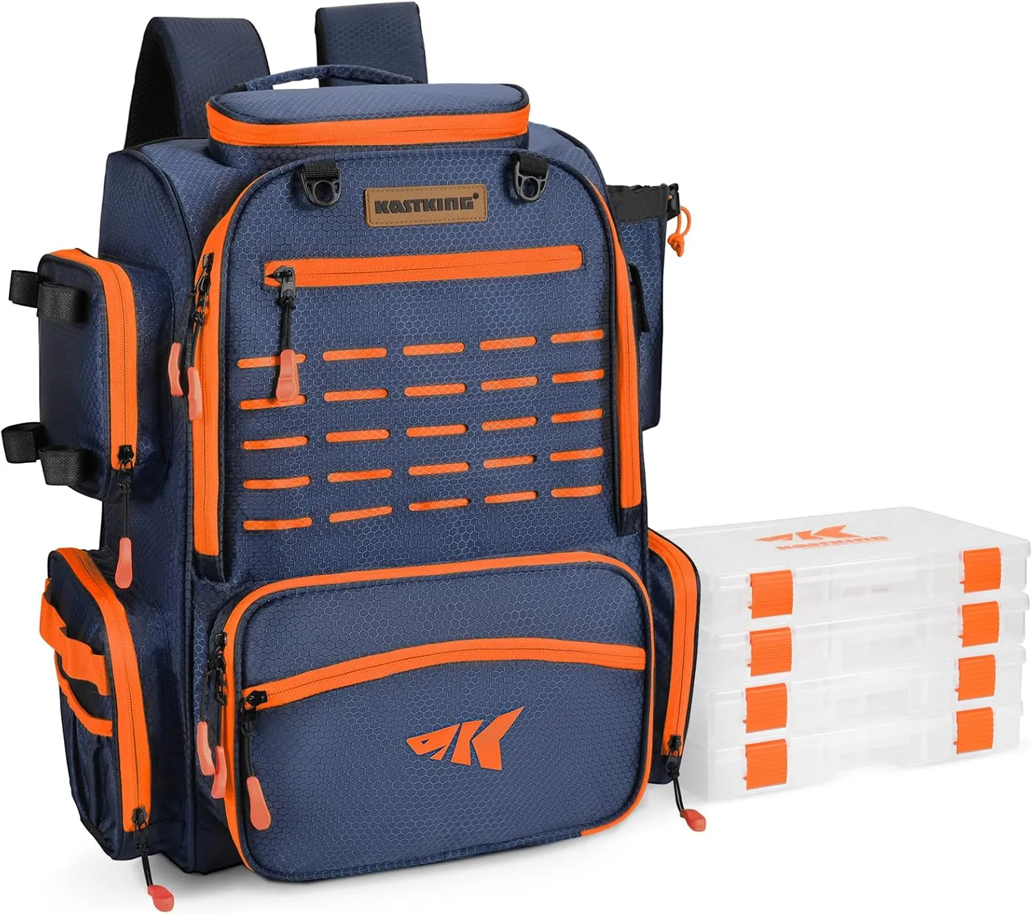 KastKing Bait Boss Fishing Tackle Backpack with Rod Holders-4 Tackle Boxes-Rain Cover,43L Large Storage for Fishing Gear