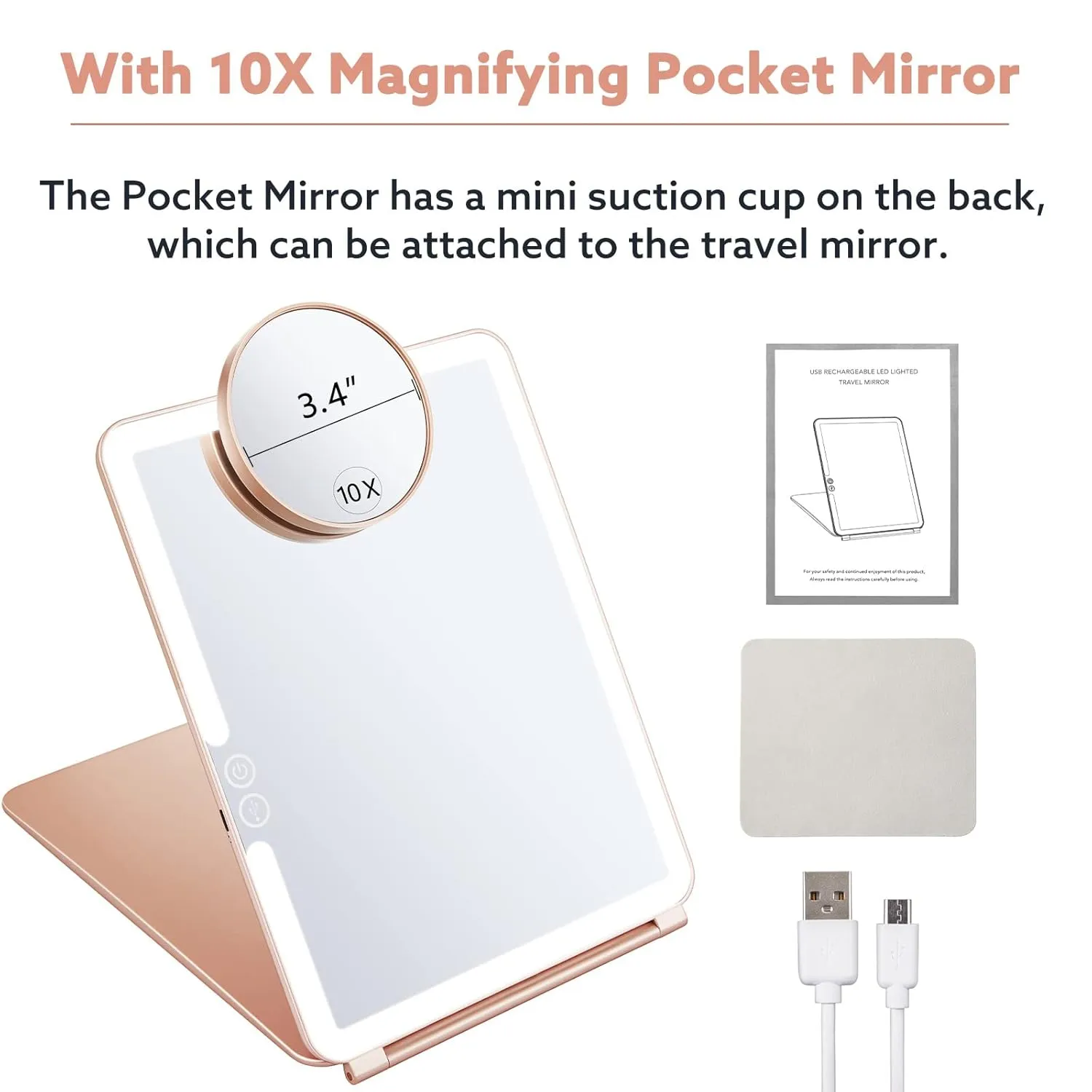 KEDSUM Rechargeable Lighted Makeup Mirror with Cover, LED Travel Mirror with Lights, Compact Vanity Mirror with Touch Screen Dimming, with a Magnification Pocket Spot Mirror, Pink