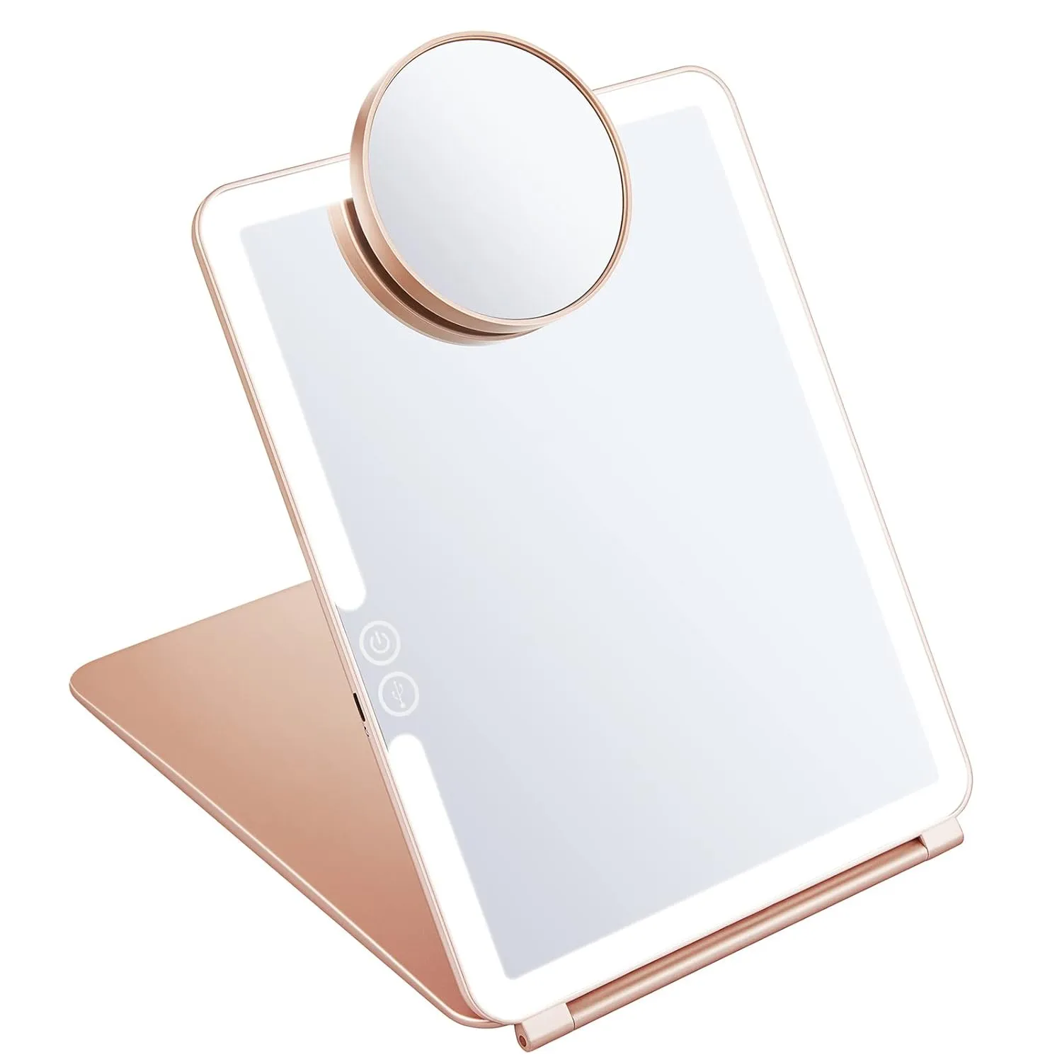 KEDSUM Rechargeable Lighted Makeup Mirror with Cover, LED Travel Mirror with Lights, Compact Vanity Mirror with Touch Screen Dimming, with a Magnification Pocket Spot Mirror, Pink