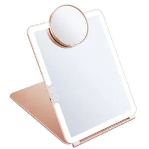 KEDSUM Rechargeable Lighted Makeup Mirror with Cover, LED Travel Mirror with Lights, Compact Vanity Mirror with Touch Screen Dimming, with a Magnification Pocket Spot Mirror, Pink