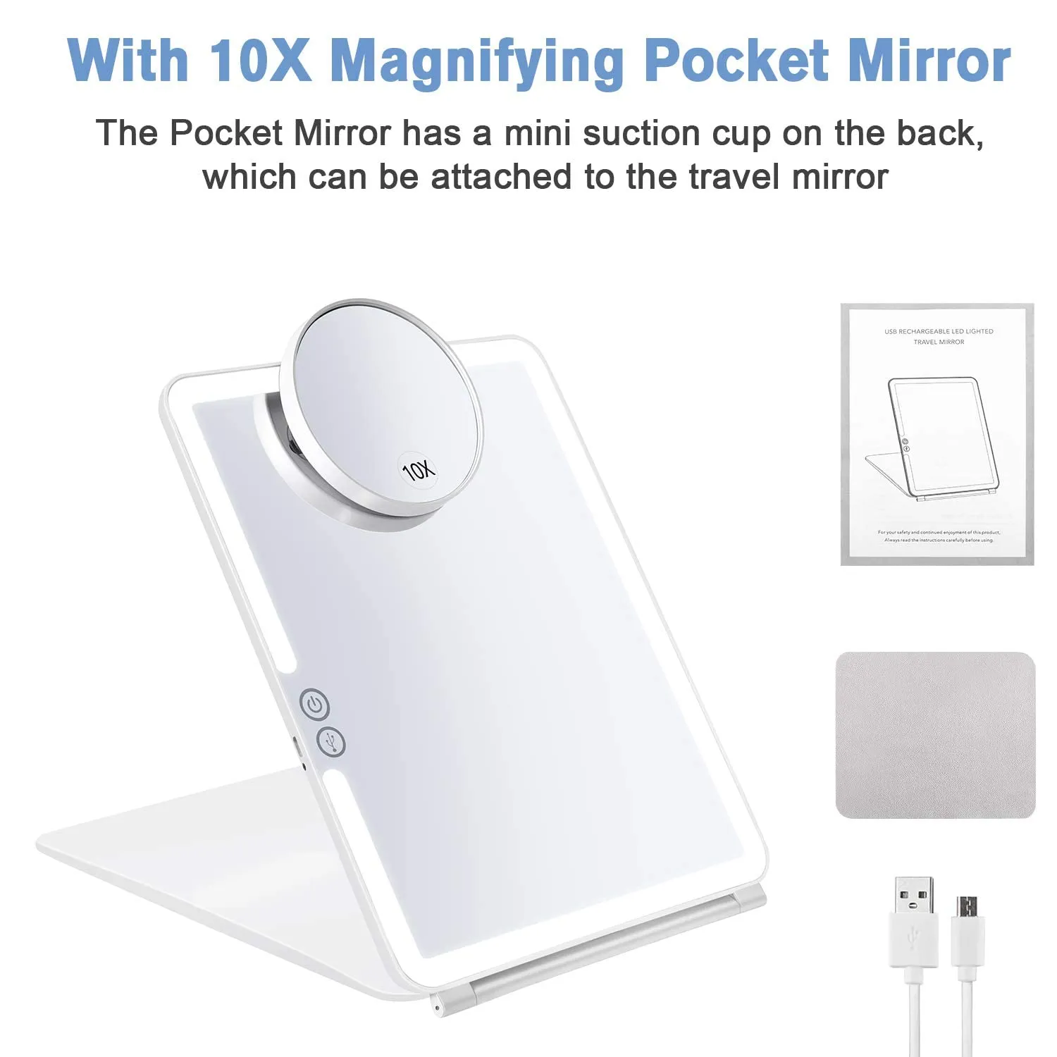 KEDSUM Rechargeable Lighted Makeup Mirror with Cover, LED Travel Mirror with Lights, Compact Vanity Mirror with Touch Screen Dimming, with a Magnification Pocket Spot Mirror