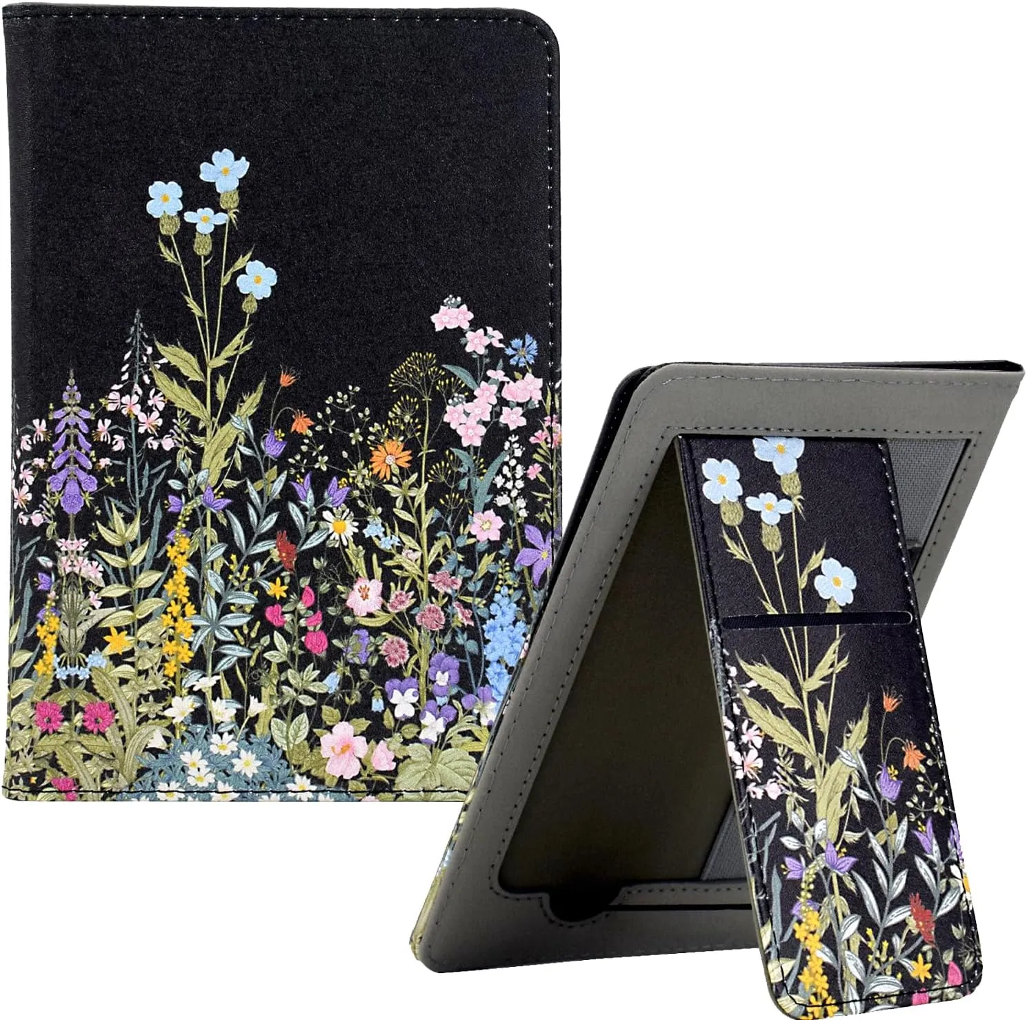 KEROM Universal 6 inch eReader Case, Universal eReader Case 6 inch, PU Leather Stand Cover with Hand Strap for All 6'' Kindle/Kindle Paperwhite/Kobo/Tolino/Nook/Sony/InkBook E-Book Reader, Flowers