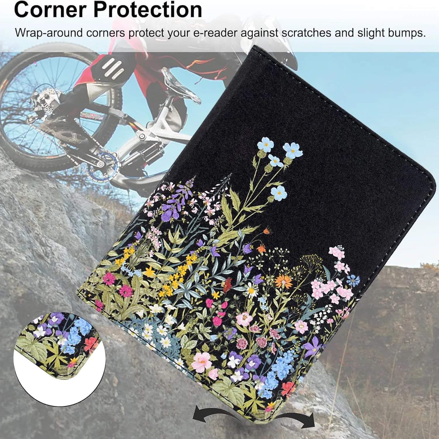 KEROM Universal 6 inch eReader Case, Universal eReader Case 6 inch, PU Leather Stand Cover with Hand Strap for All 6'' Kindle/Kindle Paperwhite/Kobo/Tolino/Nook/Sony/InkBook E-Book Reader, Flowers