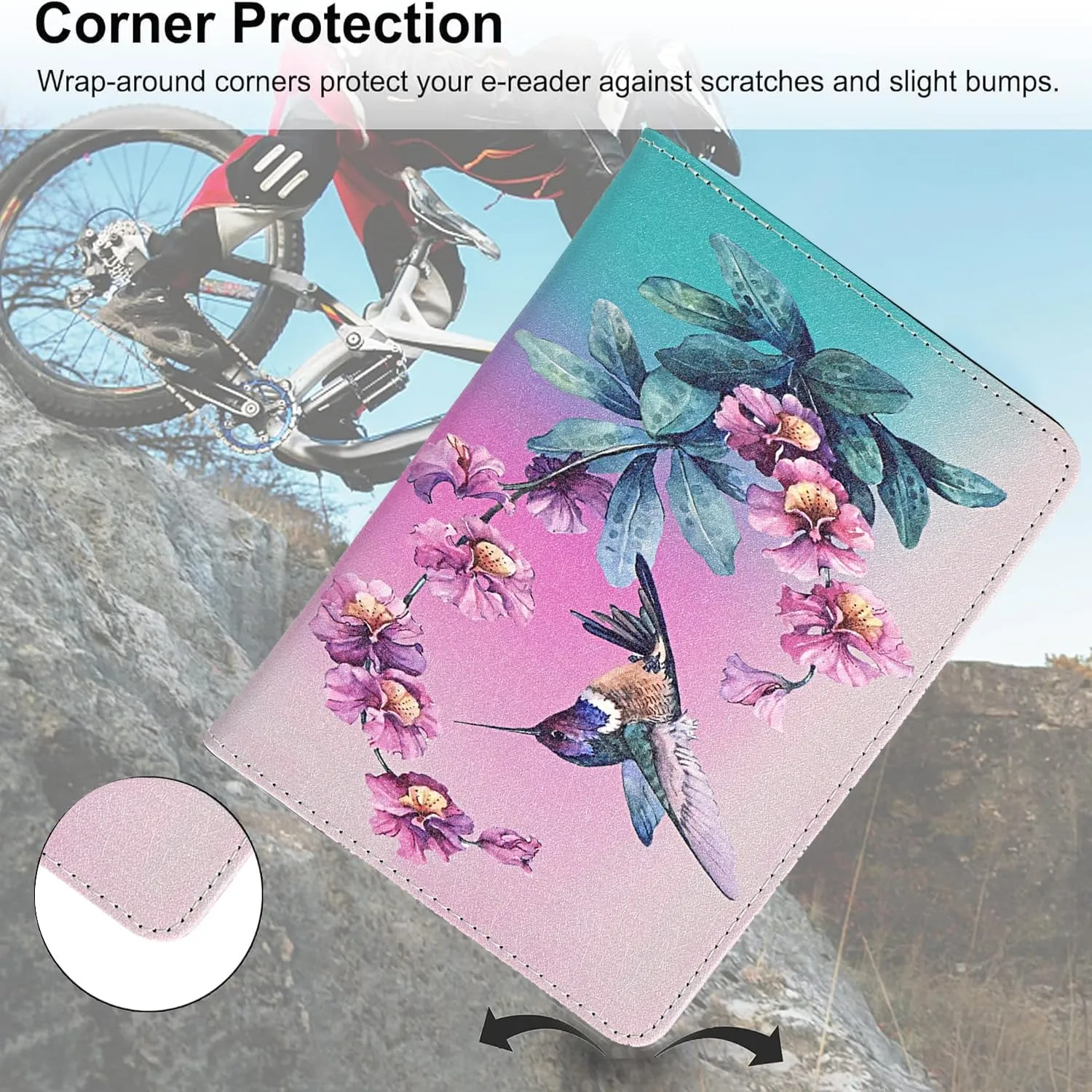 KEROM Universal 6 inch eReader Case, Universal eReader Case 6 inch, PU Leather Stand Cover with Hand Strap for All 6'' Kindle/Kindle Paperwhite/Kobo/Tolino/Nook/Sony/InkBook E-Book Reader, Hummingbird