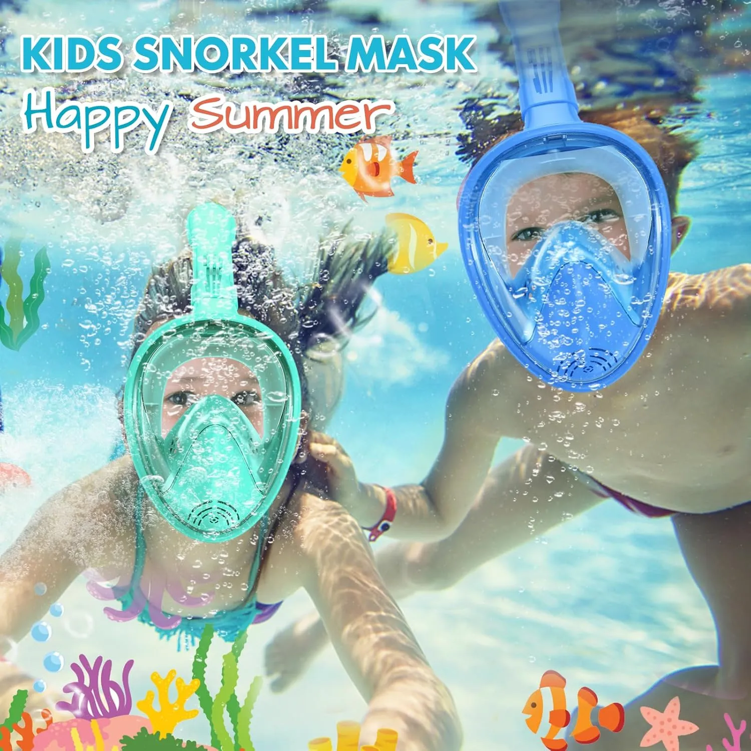 Kids Snorkel Mask Full Face, Snorkeling Gear for Kids 2-14 with Camera Mount, 180 Degree Panoramic View Snorkeling Set Anti-Fog Anti-Leak