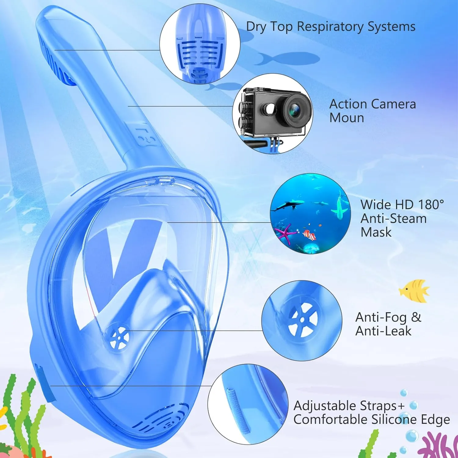 Kids Snorkel Mask Full Face, Snorkeling Gear for Kids 2-14 with Camera Mount, 180 Degree Panoramic View Snorkeling Set Anti-Fog Anti-Leak