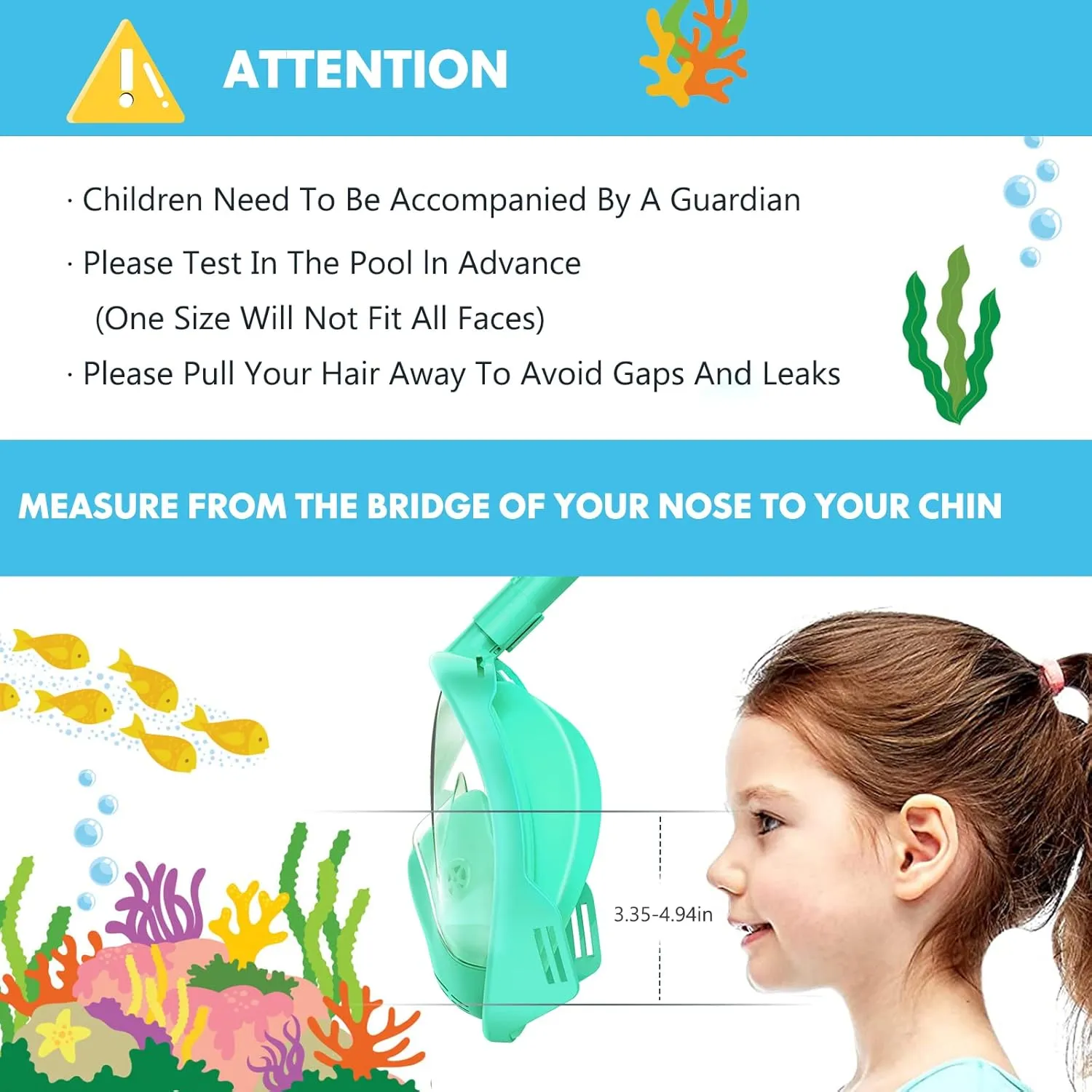 Kids Snorkel Mask Full Face, Snorkeling Gear for Kids 2-14 with Camera Mount, 180 Degree Panoramic View Snorkeling Set Anti-Fog Anti-Leak