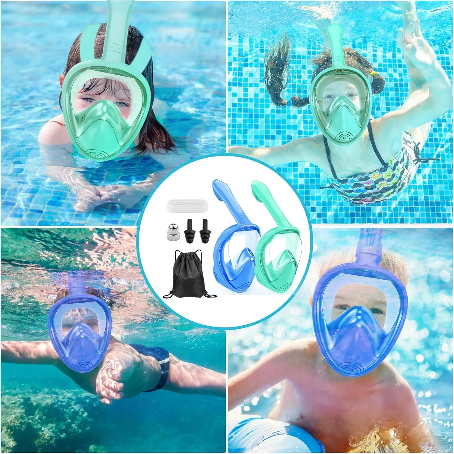 Kids Snorkel Mask Full Face, Snorkeling Gear for Kids 2-14 with Camera Mount, 180 Degree Panoramic View Snorkeling Set Anti-Fog Anti-Leak