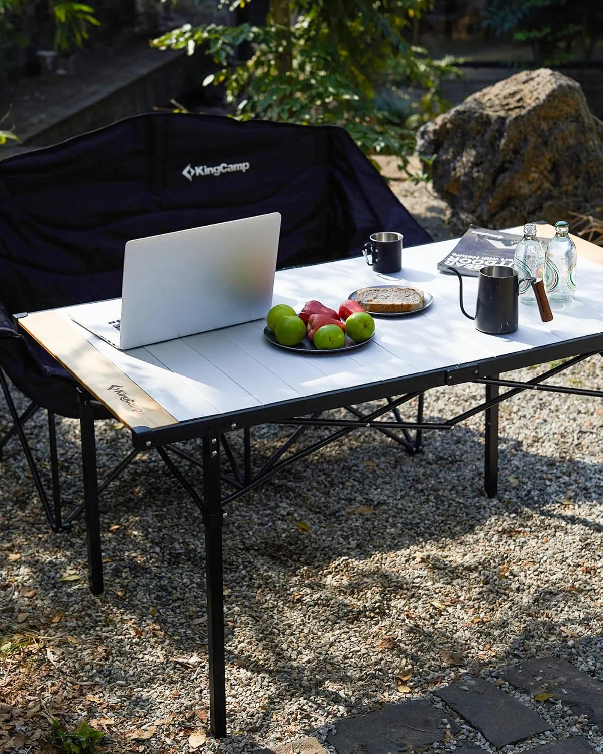 KingCamp Folding Camping Table and Chair Set, Heavy Duty Steel Armchairs with Side Tables & Roll-Up Aluminum Table, Portable Outdoor Furniture for Patio, Picnic, RV, Tailgating