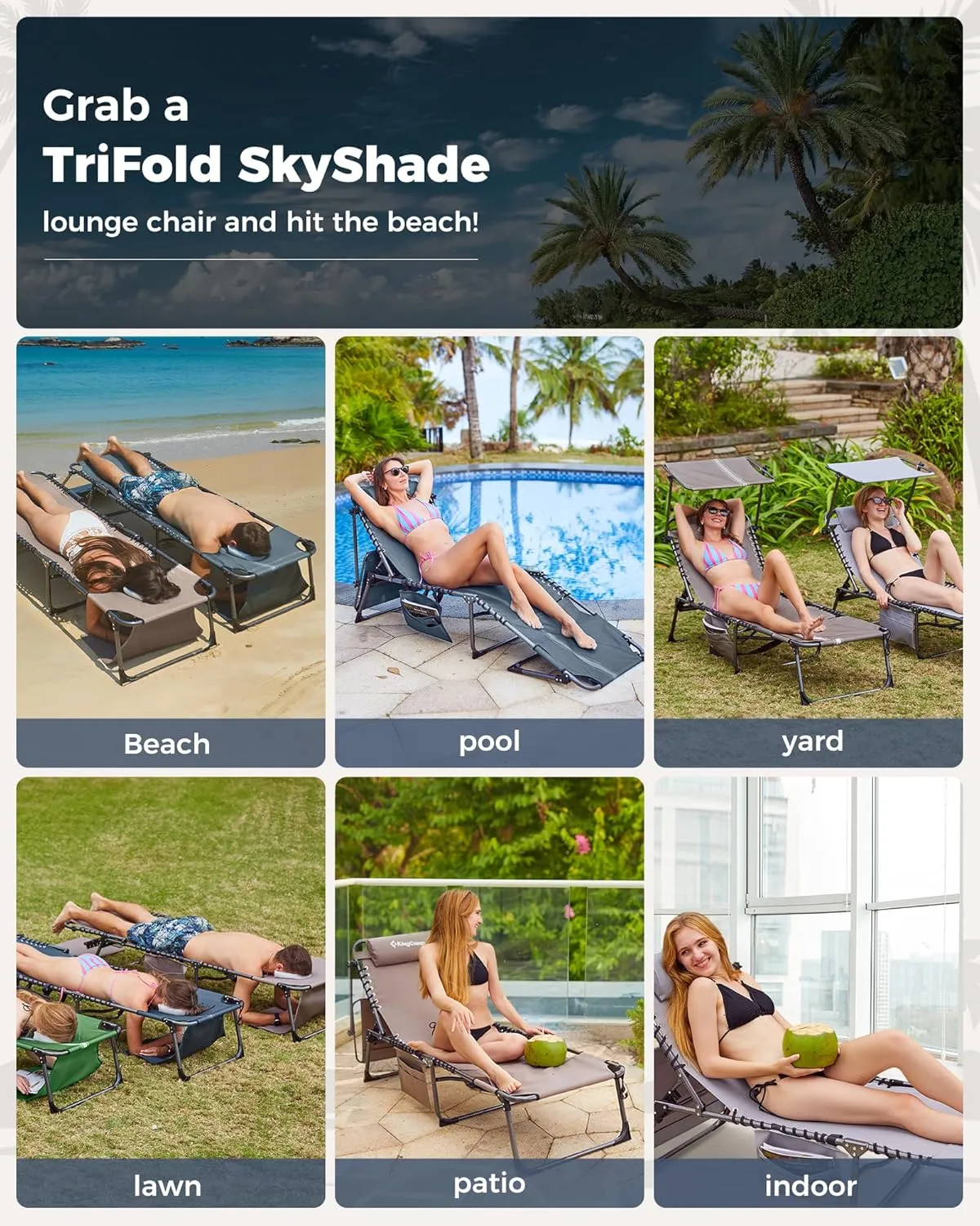KingCamp Tanning Chair with Face Hole, Lounge Chairs Outdoor Folding Portable Comfy Adjustable 5-Position Foldable Chaise Chaser with Canopy Shade for Outside Beach Patio Sun Bathing Pool, Blue/Grey