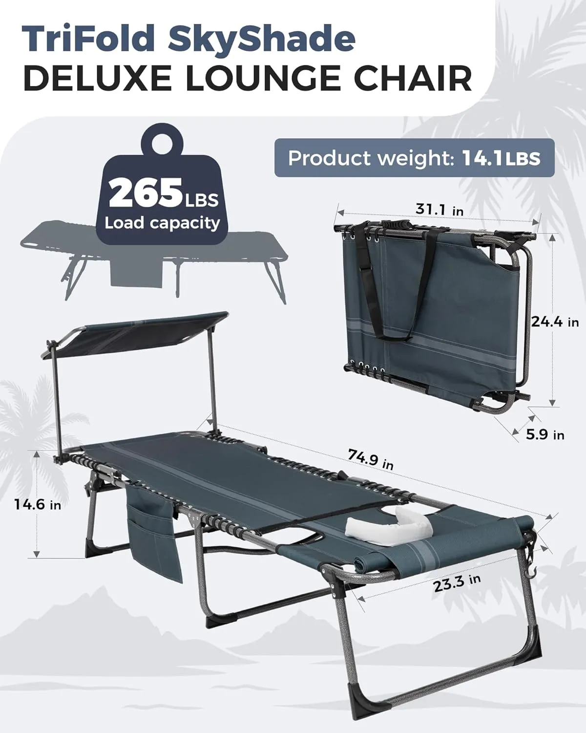 KingCamp Tanning Chair with Face Hole, Lounge Chairs Outdoor Folding Portable Comfy Adjustable 5-Position Foldable Chaise Chaser with Canopy Shade for Outside Beach Patio Sun Bathing Pool, Blue/Grey