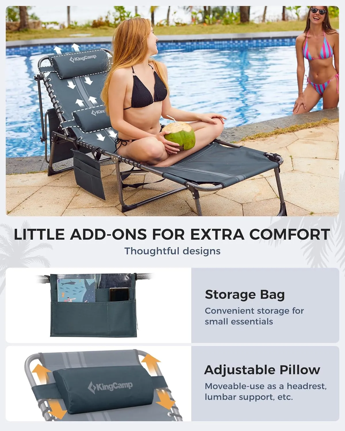 KingCamp Tanning Chair with Face Hole, Lounge Chairs Outdoor Folding Portable Comfy Adjustable 5-Position Foldable Chaise Chaser with Canopy Shade for Outside Beach Patio Sun Bathing Pool, Blue/Grey
