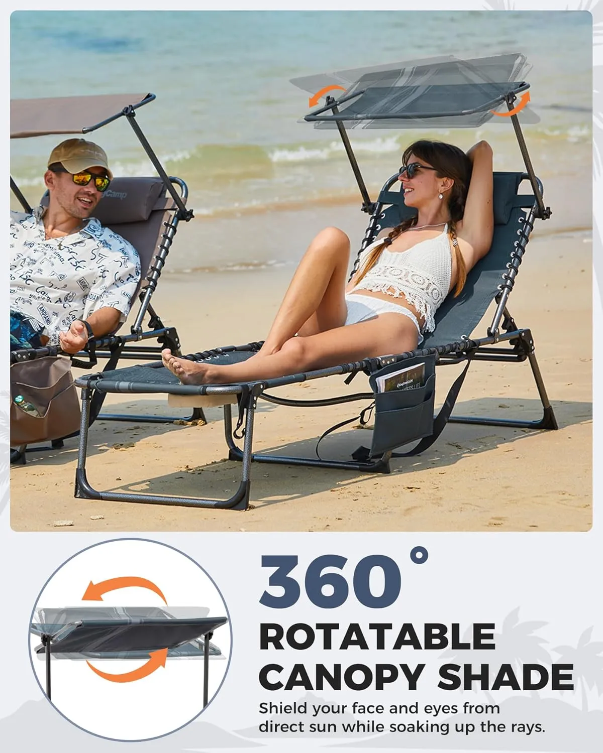 KingCamp Tanning Chair with Face Hole, Lounge Chairs Outdoor Folding Portable Comfy Adjustable 5-Position Foldable Chaise Chaser with Canopy Shade for Outside Beach Patio Sun Bathing Pool, Blue/Grey
