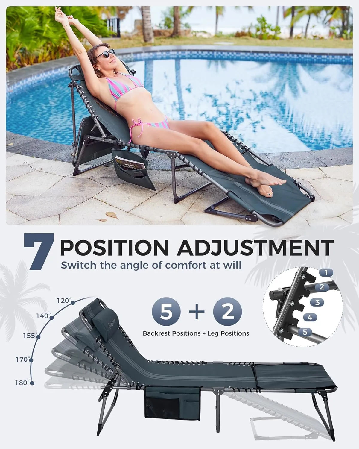 KingCamp Tanning Chair with Face Hole, Lounge Chairs Outdoor Folding Portable Comfy Adjustable 5-Position Foldable Chaise Chaser with Canopy Shade for Outside Beach Patio Sun Bathing Pool, Blue/Grey