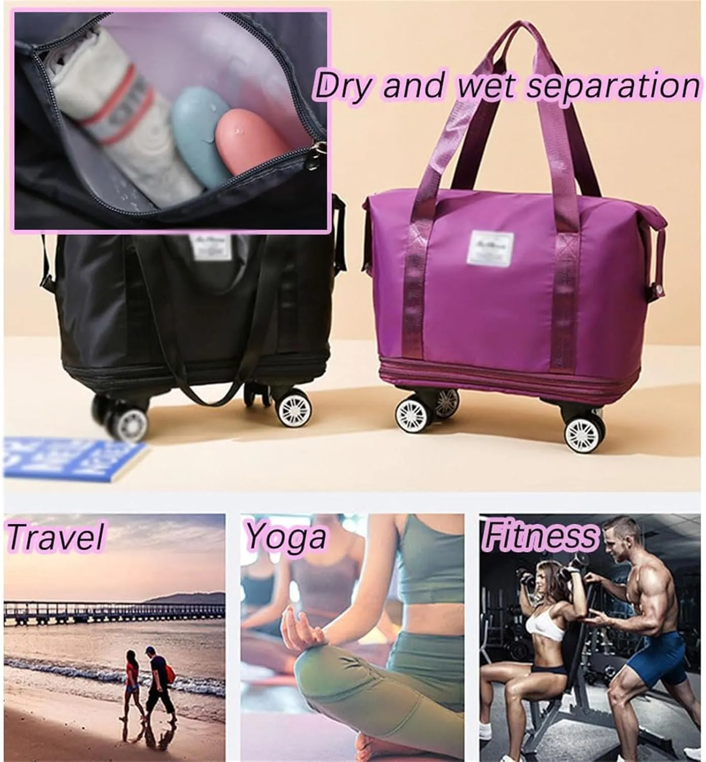 Klarson Expandable Bag with Wheels - New Scratch Expandable Travel Duffle Bag with Wheels, Foldable Suitcase without Handl (C)