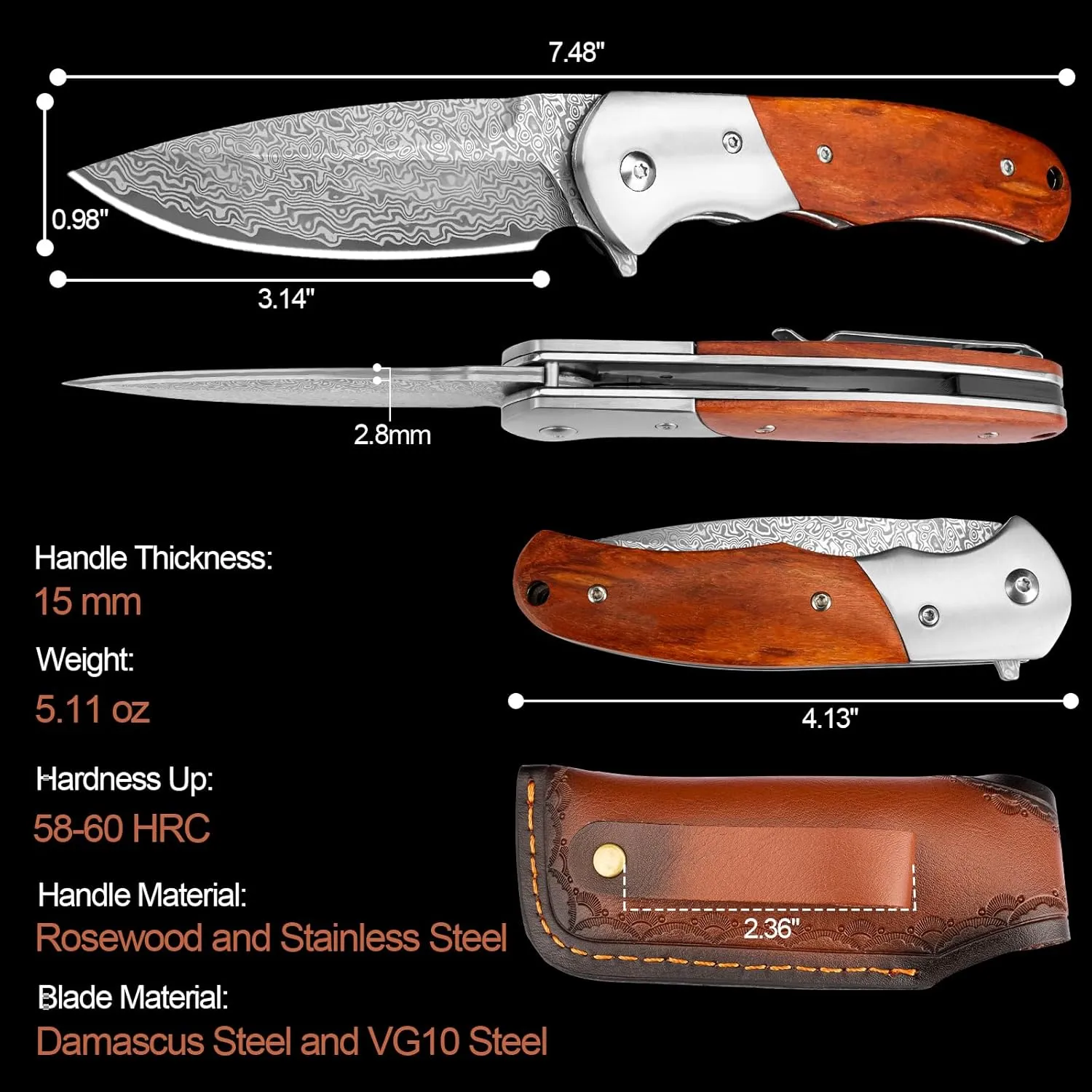 KOMWERO Damascus Pocket Knife with Clip for Men, VG10 Damascus Steel Folding Knives, EDC Damascus Knife with Leather Sheath Wooden Handle for Camping Collection