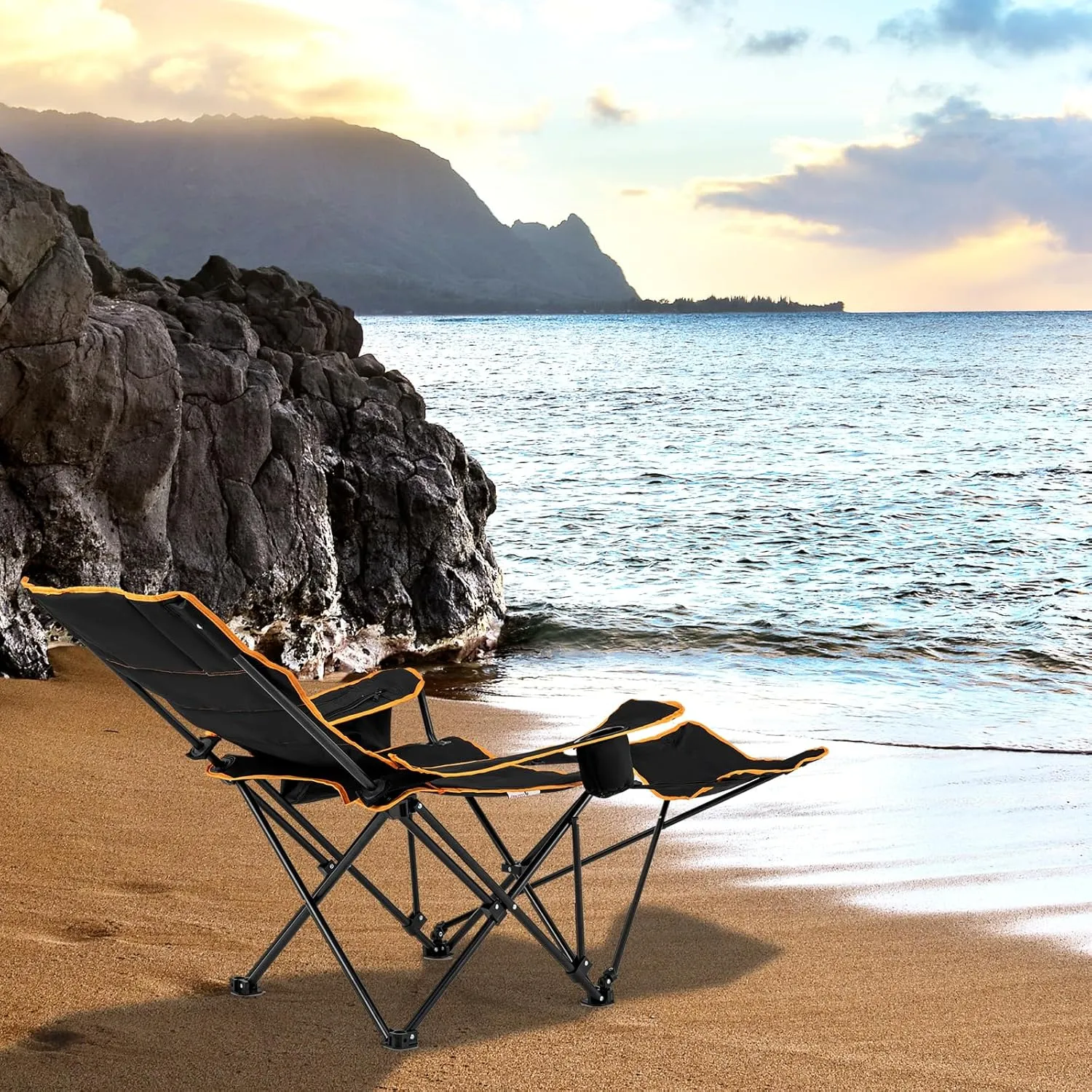 KOTEK Reclining Camping Chair, Portable Camp Chair with Removable Footrest, Adjustable Backrest, Cup Holder, Cooler Bag & Carry Bag, Folding Lawn Chair for Adults Outdoor Activities (2)