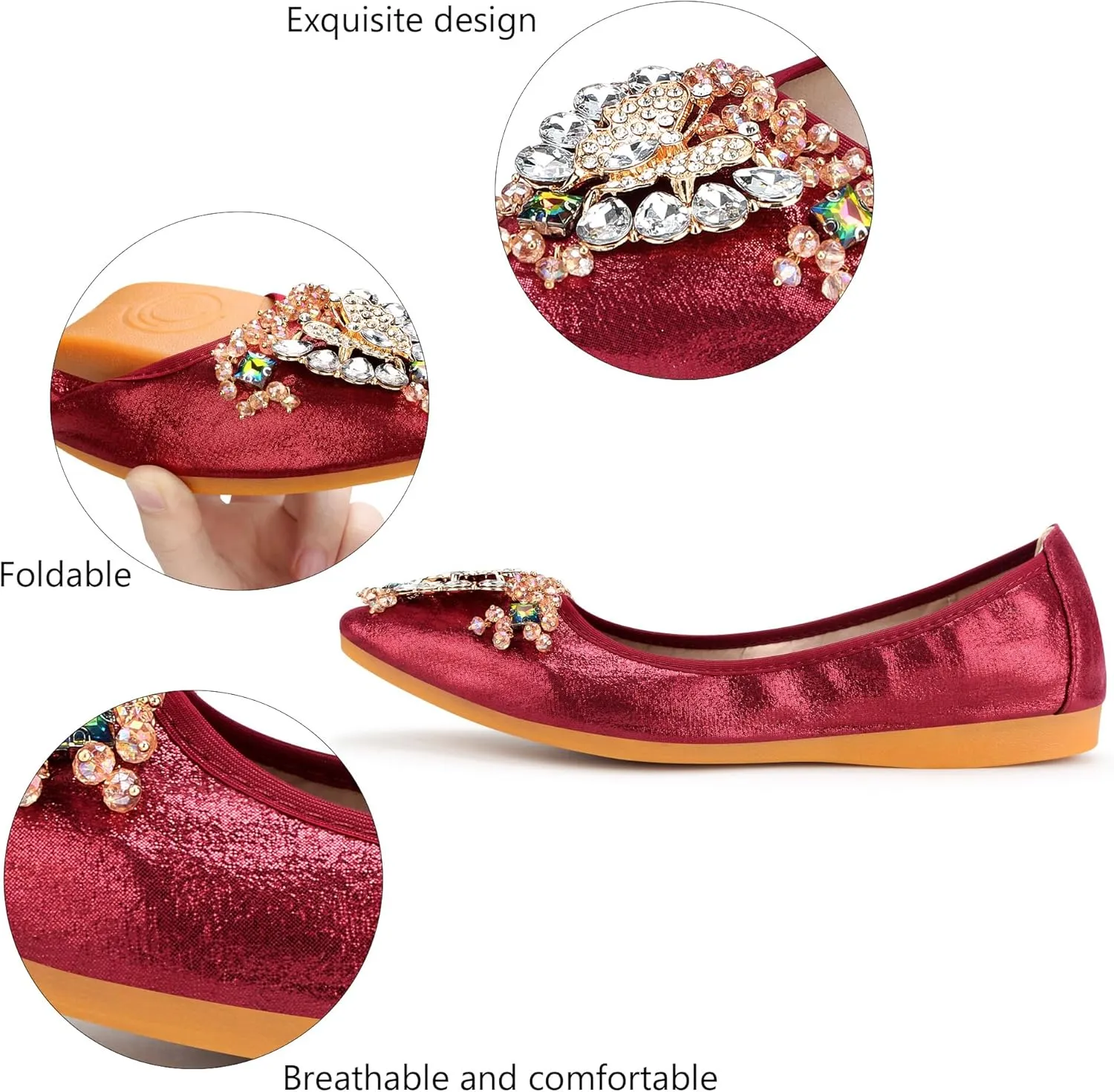 KUNWFNIX Women Ballet Flats Rhinestone Wedding Ballerina Shoes Foldable Sparkly Comfort Slip on Flat Shoes