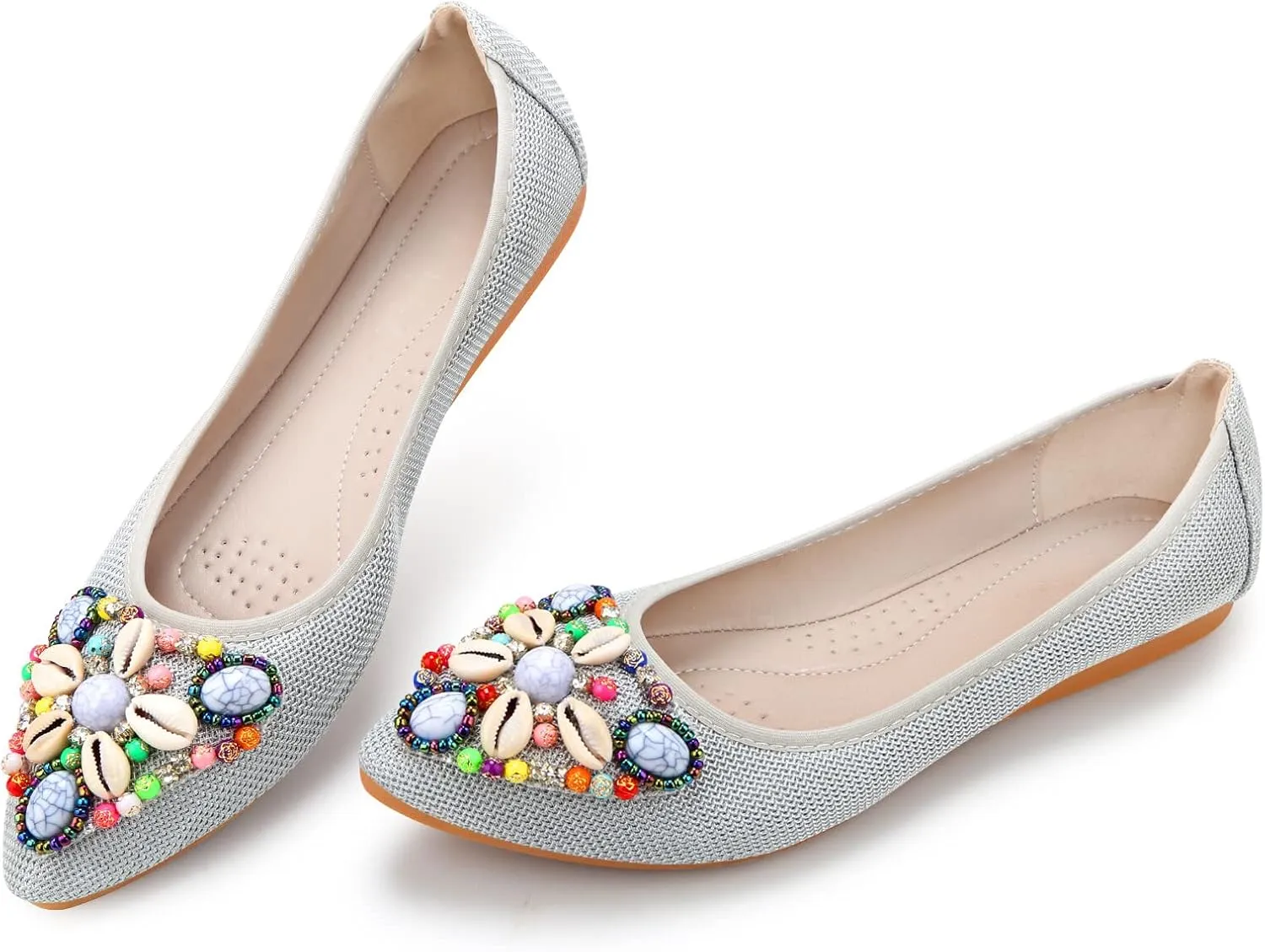 KUNWFNIX Women's Ballet Flats Foldable Classic Crown Rhinestone Slip On Flowers PU Leather Pointed Toe Comfort Flat Casual Dress Shoes