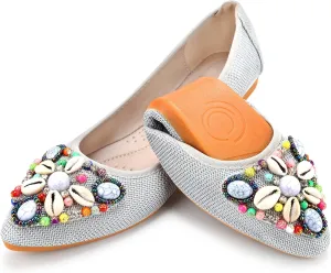 KUNWFNIX Women's Ballet Flats Foldable Classic Crown Rhinestone Slip On Flowers PU Leather Pointed Toe Comfort Flat Casual Dress Shoes