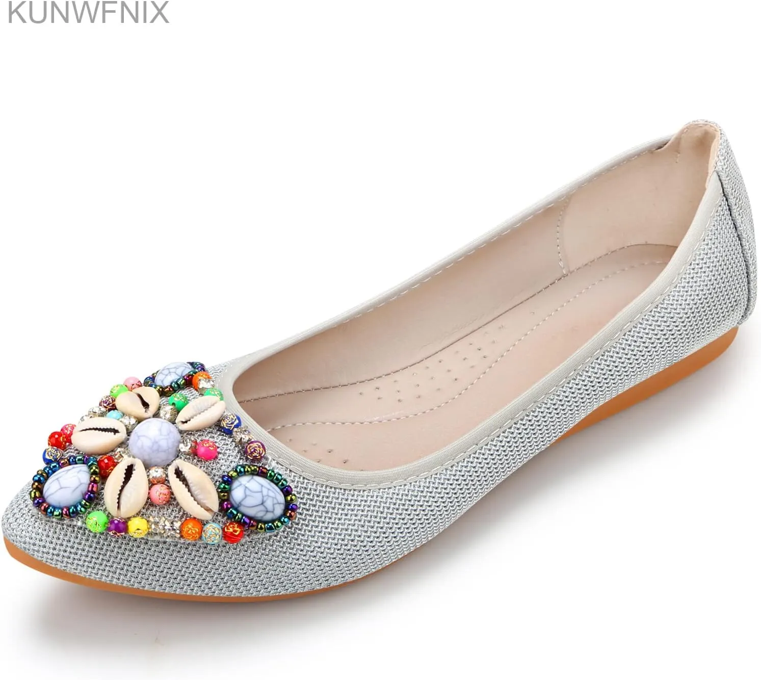 KUNWFNIX Women's Ballet Flats Foldable Classic Crown Rhinestone Slip On Flowers PU Leather Pointed Toe Comfort Flat Casual Dress Shoes