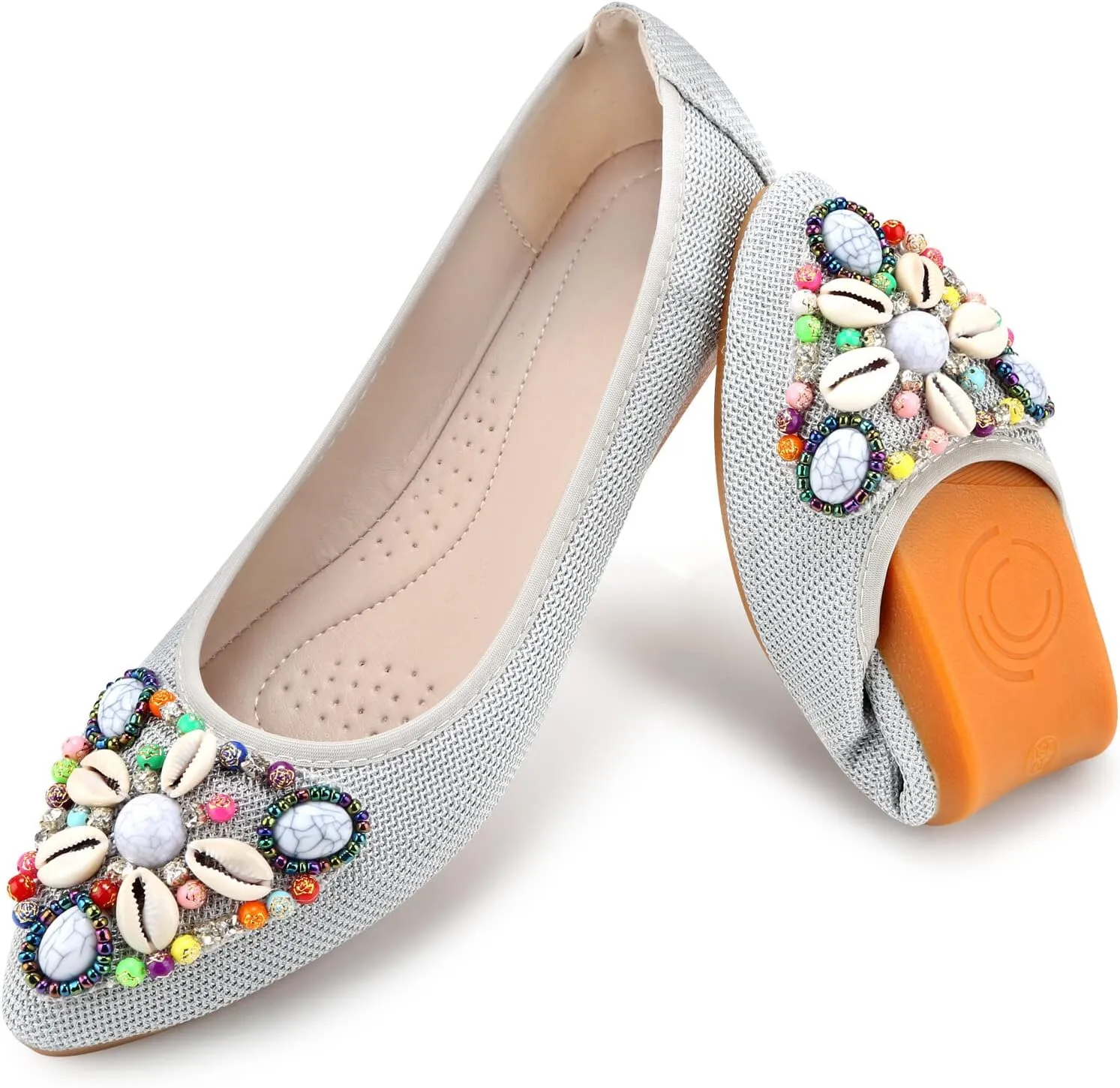 KUNWFNIX Women's Ballet Flats Foldable Classic Crown Rhinestone Slip On Flowers PU Leather Pointed Toe Comfort Flat Casual Dress Shoes