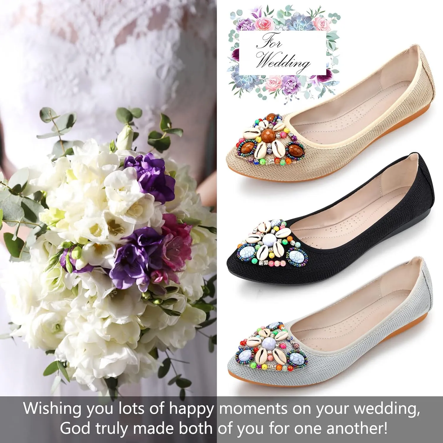 KUNWFNIX Women's Ballet Flats Foldable Classic Crown Rhinestone Slip On Flowers PU Leather Pointed Toe Comfort Flat Casual Dress Shoes