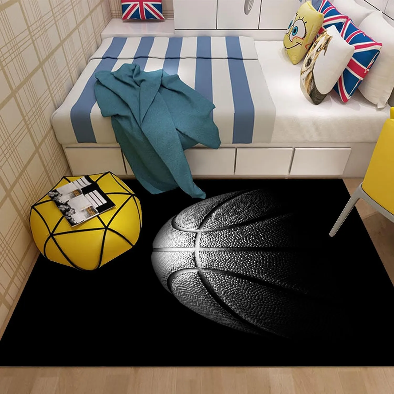 kxry Area Rugs 3 * 5 Feet, Black Basketball Soft Machine Washable Area Rugs Basketball Sports Non Slip Foldable Floor Carpet for Living Room Bedroom Dining Room Dorms Nursery Rooms Office