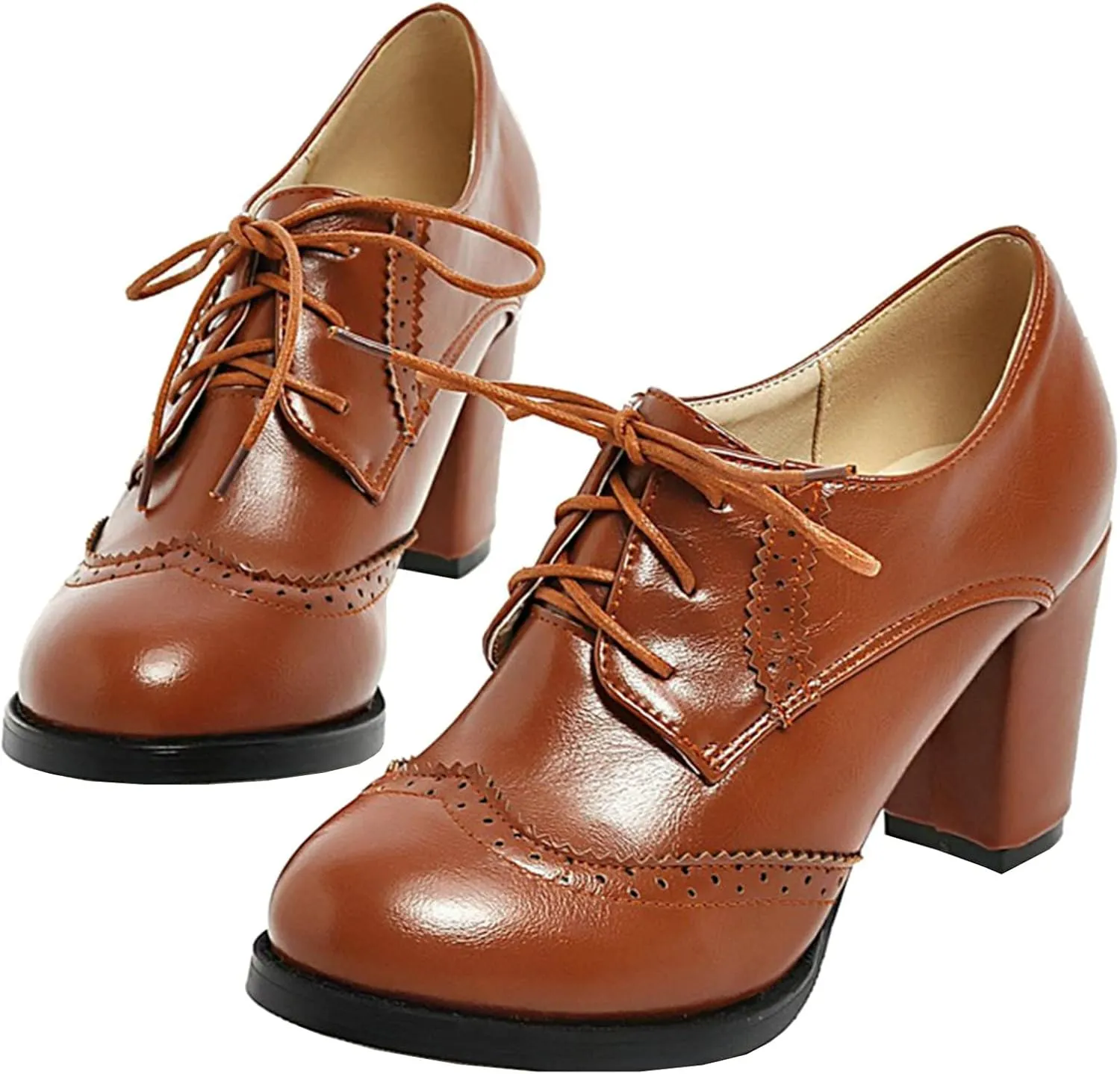 KysBloes Women's Wingtip Oxford Lace Up Shoes Chunky Block Heel Vintage Brogues Classic Closed Toe Saddle Shoes Gift Booties