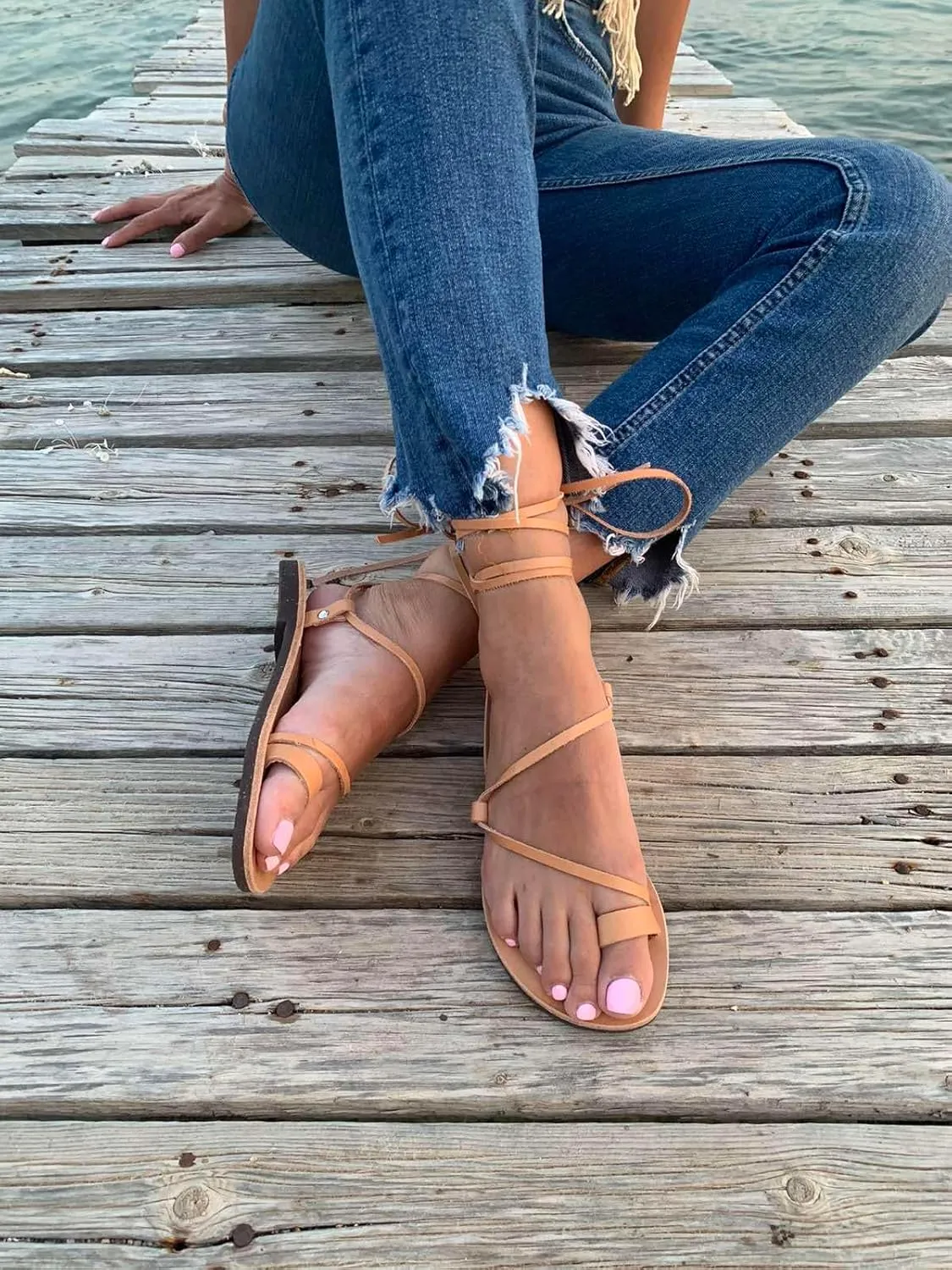 Lace Up Sandals, Beach Shoes, Toe Ring Sandals, Women Tie up flip Flops, Leather sliders, Black Greek Leather Sandals, Tie Up Leather Sandals, Lace up Sandals Gladiator sandals, ring toe sandals, Summer Leather Sandals,Women shoes (39, Beige)