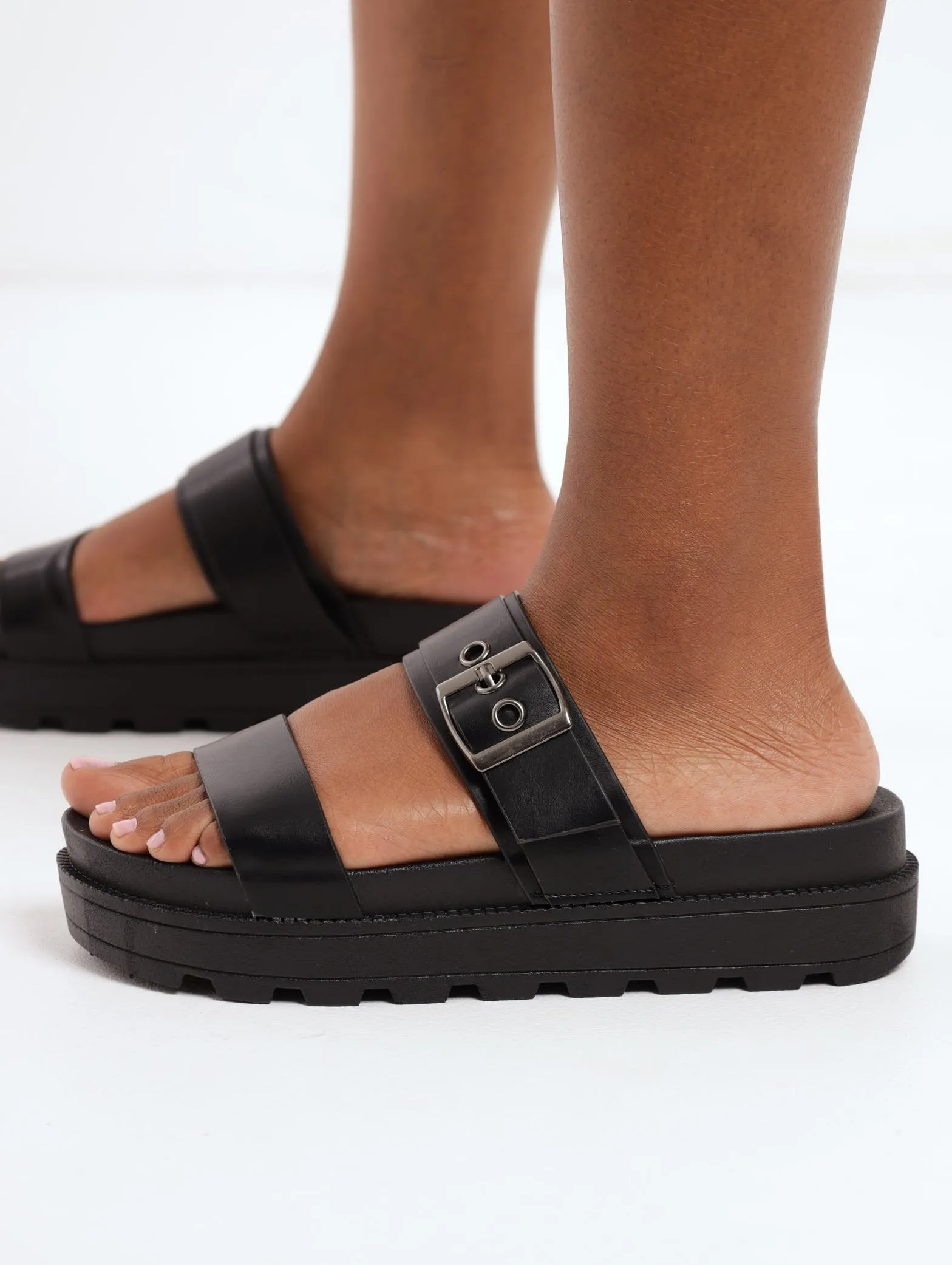 Ladies Double Strap Platform Mule Sandal - Black