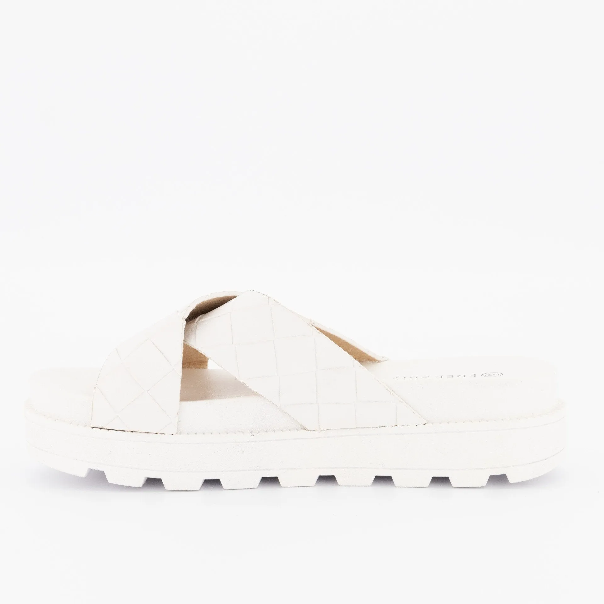 Ladies Emboosed Cross-Over Cleated Platform Mule - White