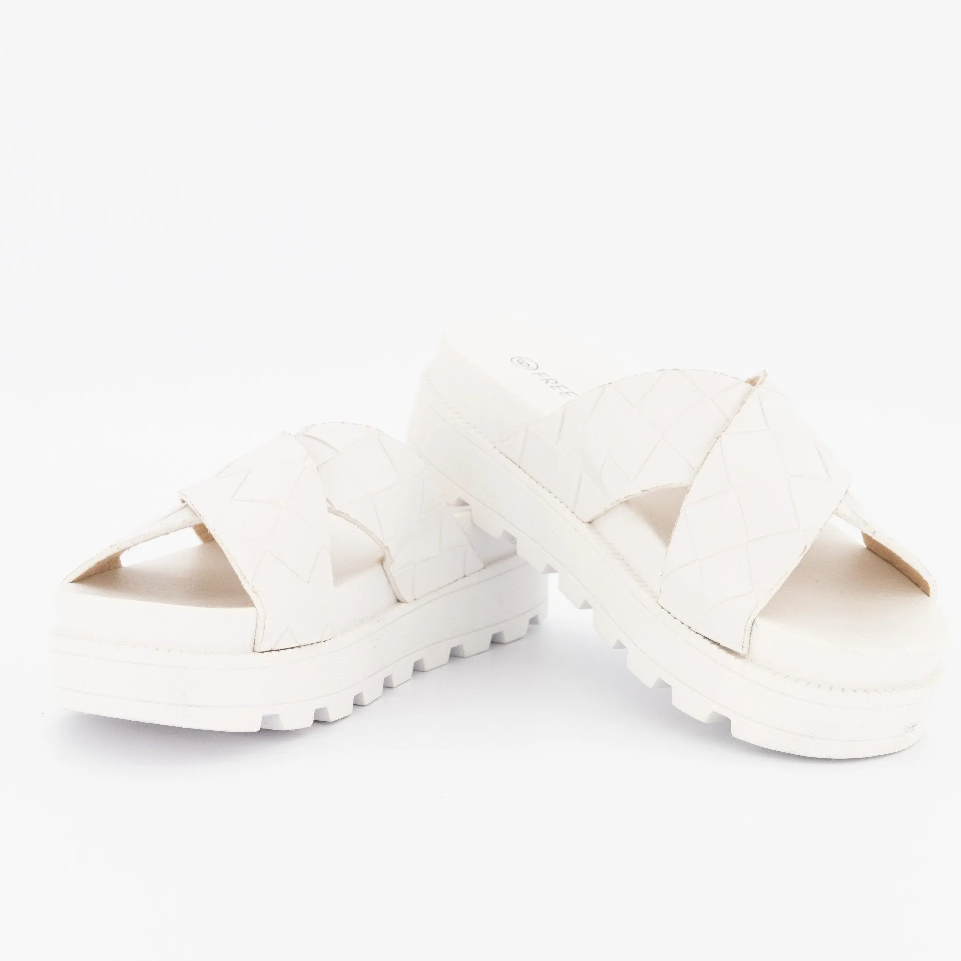 Ladies Emboosed Cross-Over Cleated Platform Mule - White
