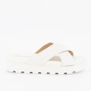 Ladies Emboosed Cross-Over Cleated Platform Mule - White