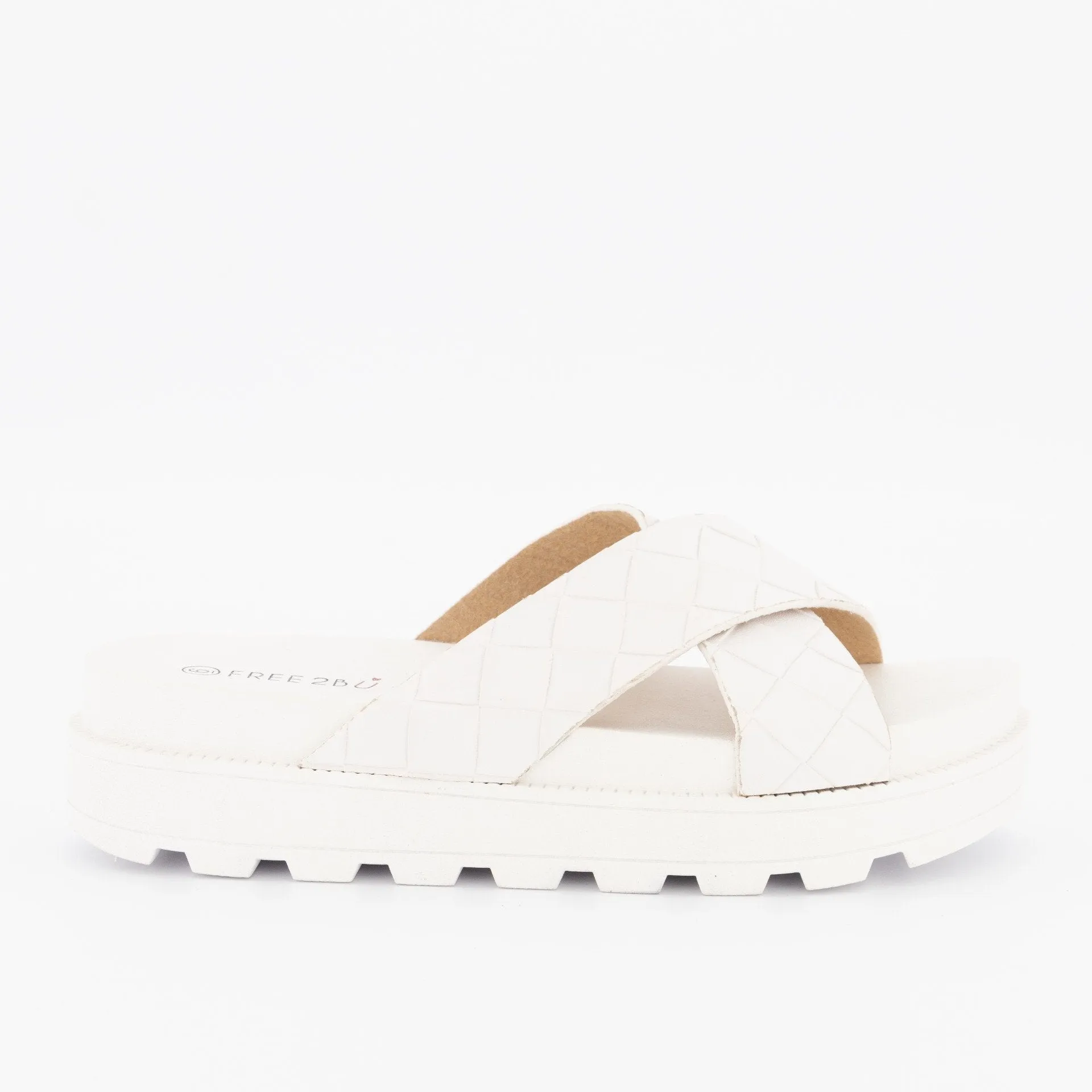 Ladies Emboosed Cross-Over Cleated Platform Mule - White