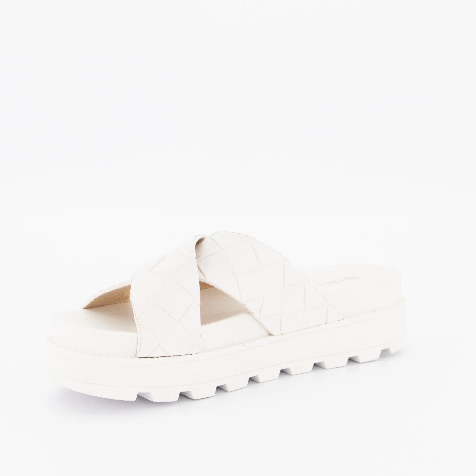 Ladies Emboosed Cross-Over Cleated Platform Mule - White