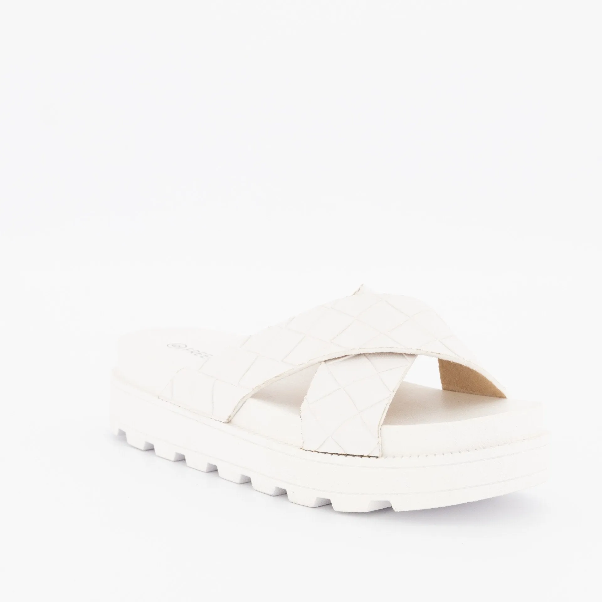 Ladies Emboosed Cross-Over Cleated Platform Mule - White
