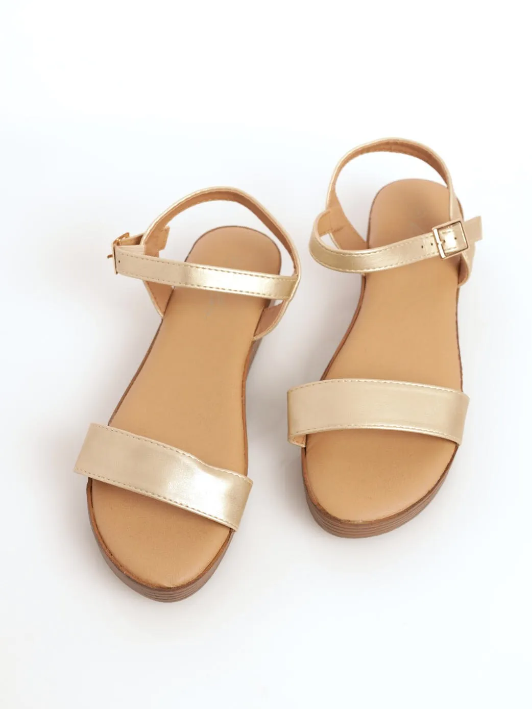 Ladies Platform Mule Sandal With Ankle Buckle - Gold