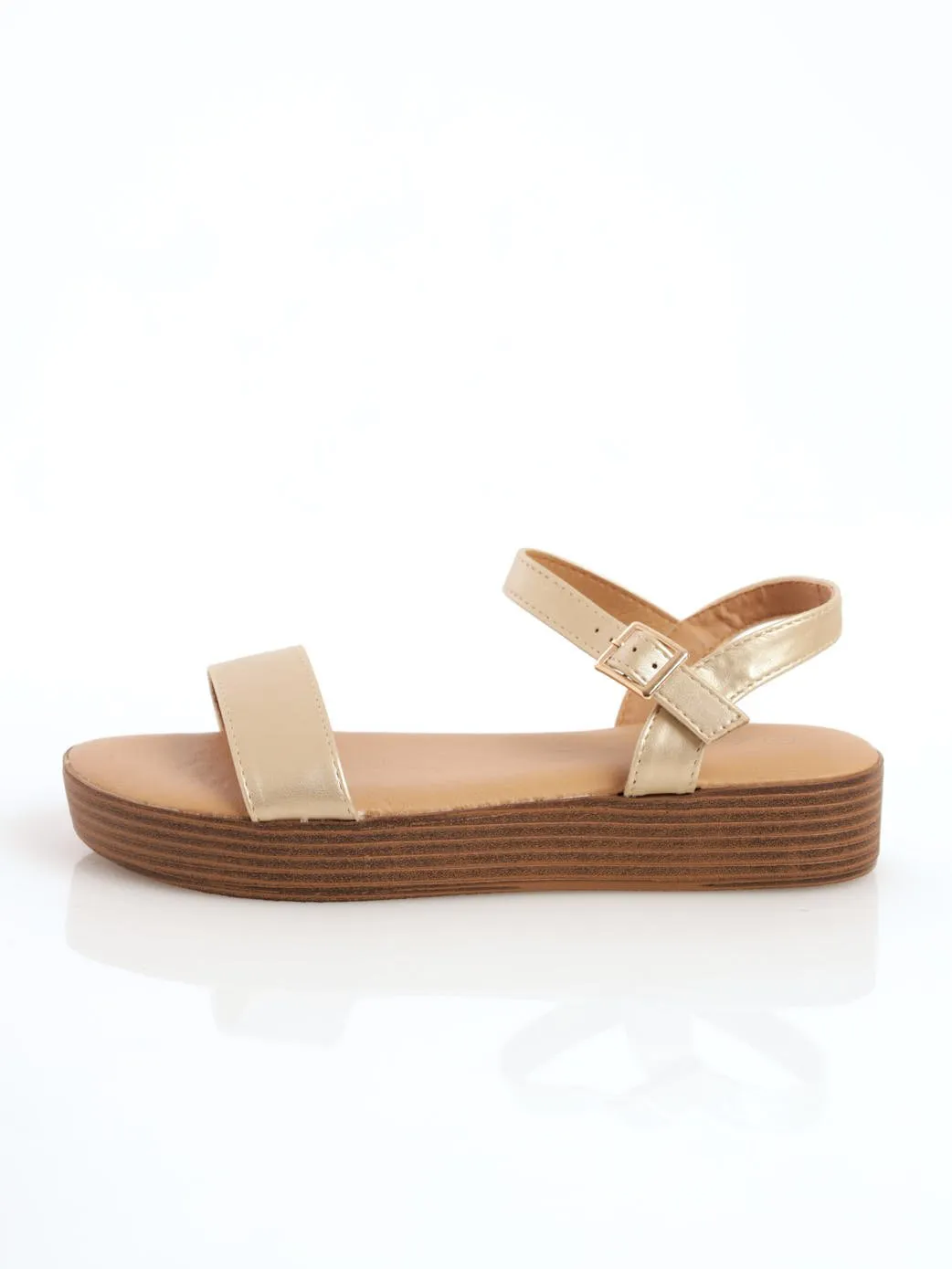 Ladies Platform Mule Sandal With Ankle Buckle - Gold