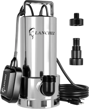 LANCHEZ 1.6 HP Stainless Steel Submersible Water Pump 5500GPH High Flow with Float Switch Long Cord, Sump Pump for Quick Water Removal from Swimming Pool Flooded Basement Pit Sewage Sink Pool Tub