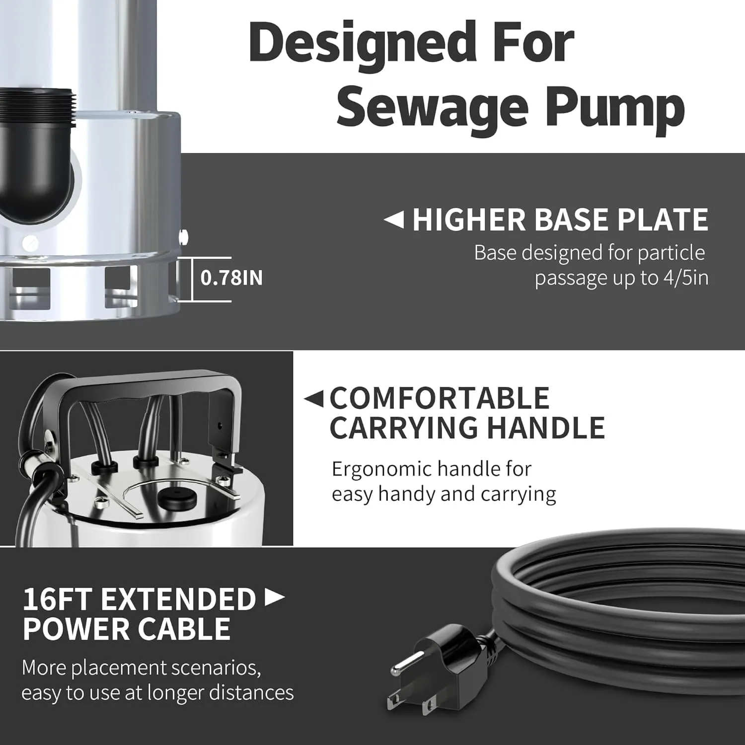 LANCHEZ 1.6 HP Stainless Steel Submersible Water Pump 5500GPH High Flow with Float Switch Long Cord, Sump Pump for Quick Water Removal from Swimming Pool Flooded Basement Pit Sewage Sink Pool Tub