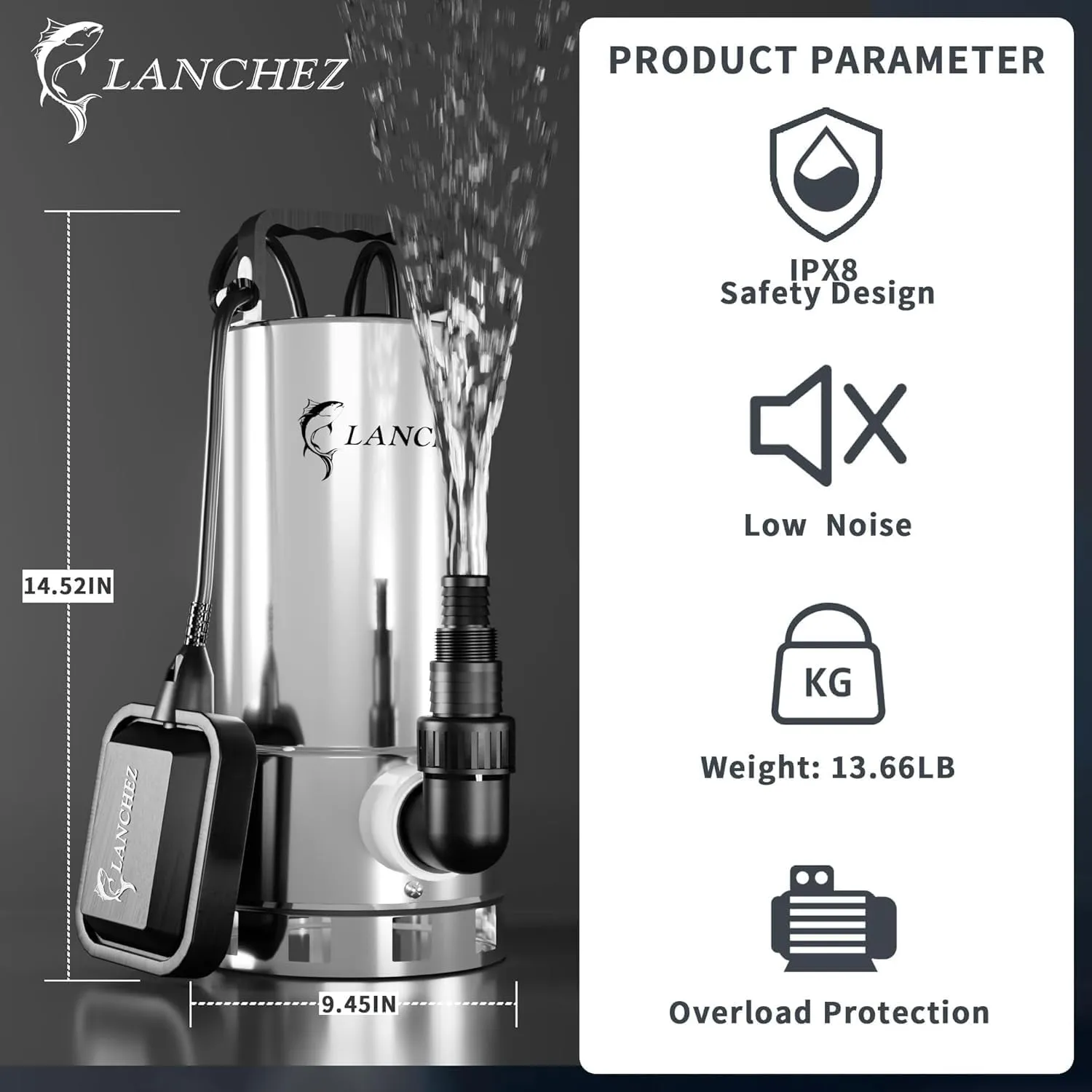 LANCHEZ 1.6 HP Stainless Steel Submersible Water Pump 5500GPH High Flow with Float Switch Long Cord, Sump Pump for Quick Water Removal from Swimming Pool Flooded Basement Pit Sewage Sink Pool Tub