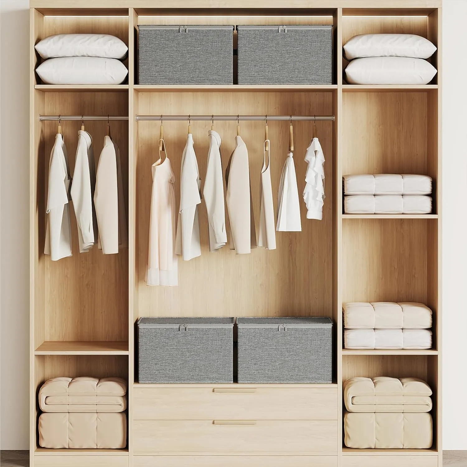 Large Clothes Storage Bins with Sturdy Frame, Foldable Clothing Organizer Box, Sweater Storage Cube with Lids and Zipper, Fabric Bedding Storage Bags for Blankets, Seasonal Clothes, Comforter