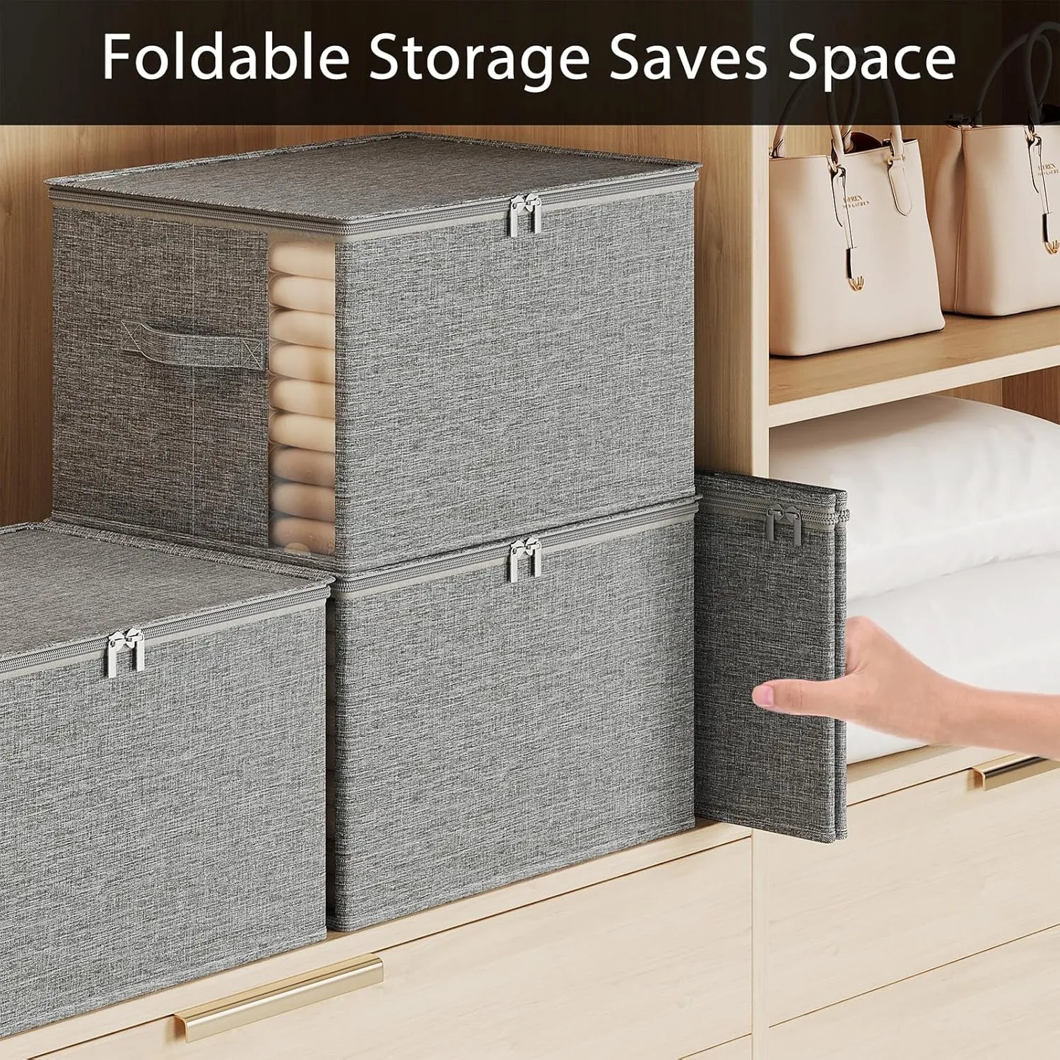 Large Clothes Storage Bins with Sturdy Frame, Foldable Clothing Organizer Box, Sweater Storage Cube with Lids and Zipper, Fabric Bedding Storage Bags for Blankets, Seasonal Clothes, Comforter