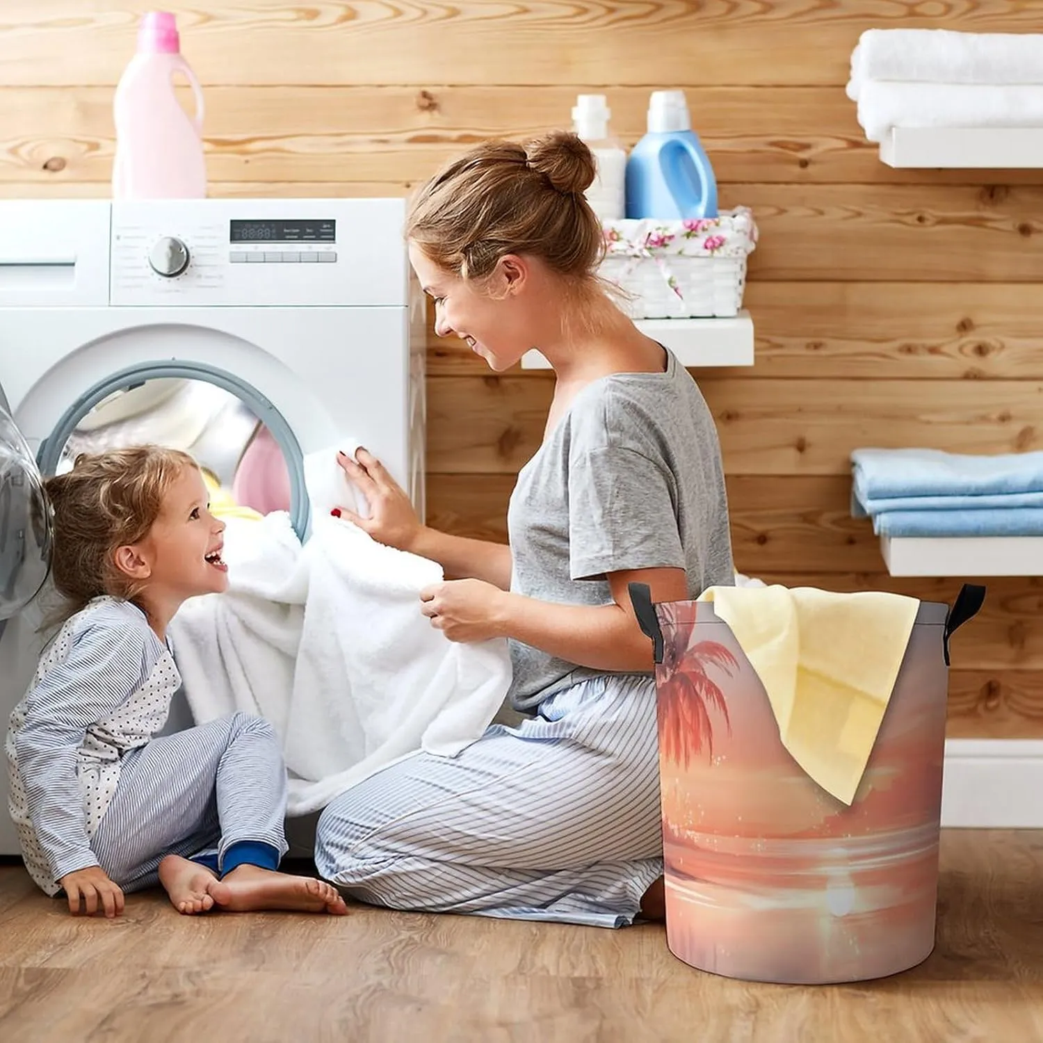 Laundry Hampers, Large Drawstring Laundry Bag, Removable Laundry Bags, Collapsible Storage Bin with Handles for Home Organization, Kids Room, Nursery Afterglow