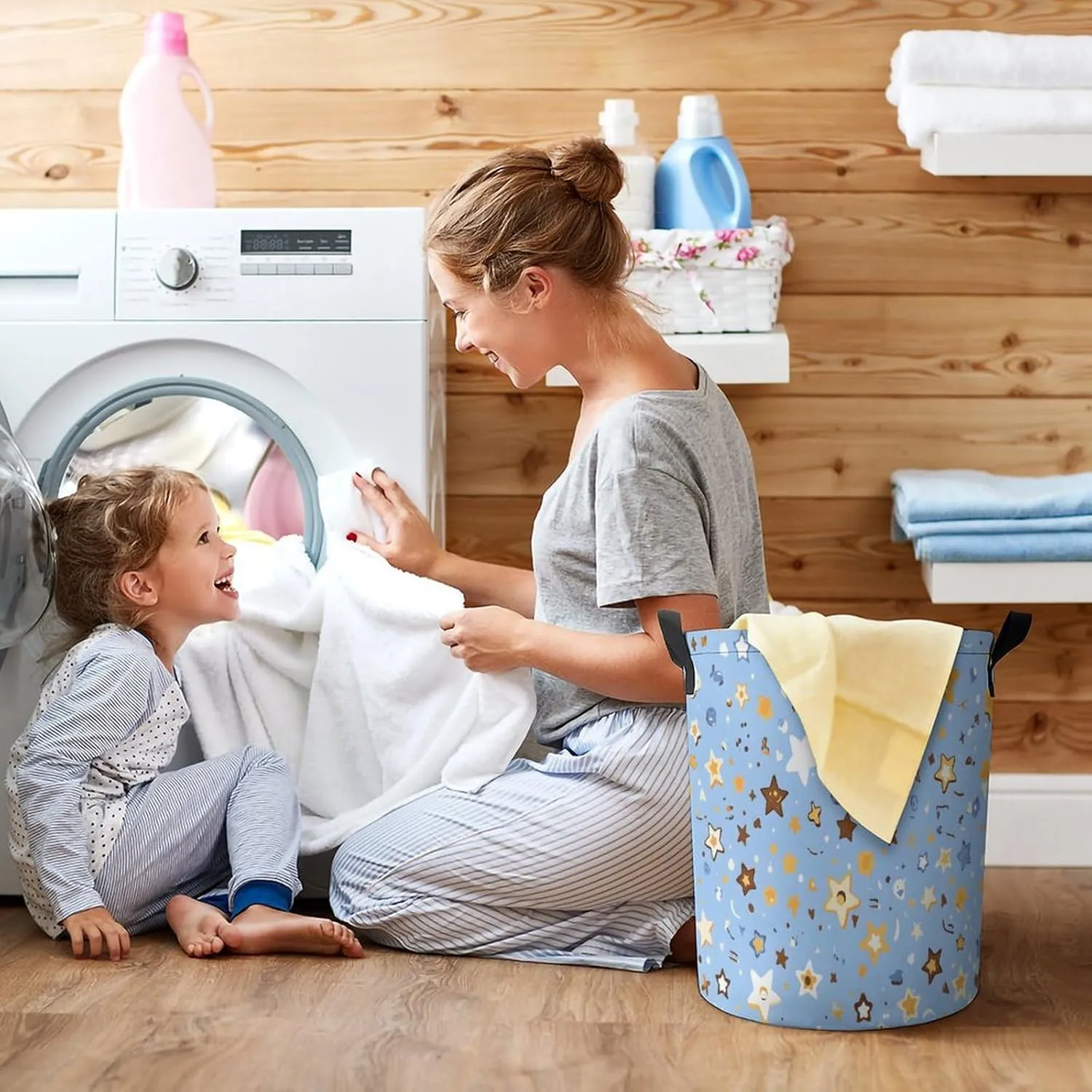 Laundry Hampers, Large Drawstring Laundry Bag, Removable Laundry Bags, Collapsible Storage Bin with Handles for Home Organization, Kids Room, Nursery Art