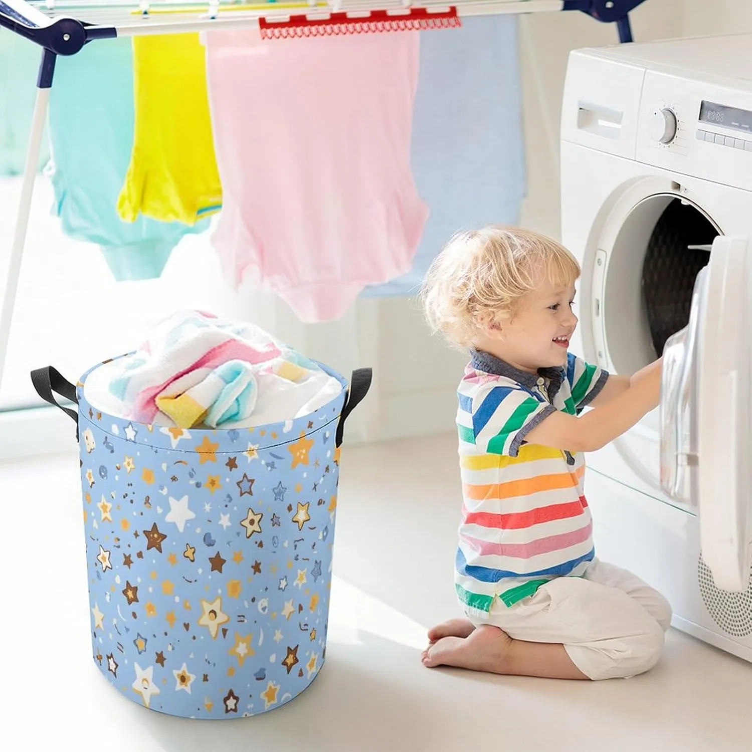 Laundry Hampers, Large Drawstring Laundry Bag, Removable Laundry Bags, Collapsible Storage Bin with Handles for Home Organization, Kids Room, Nursery Art