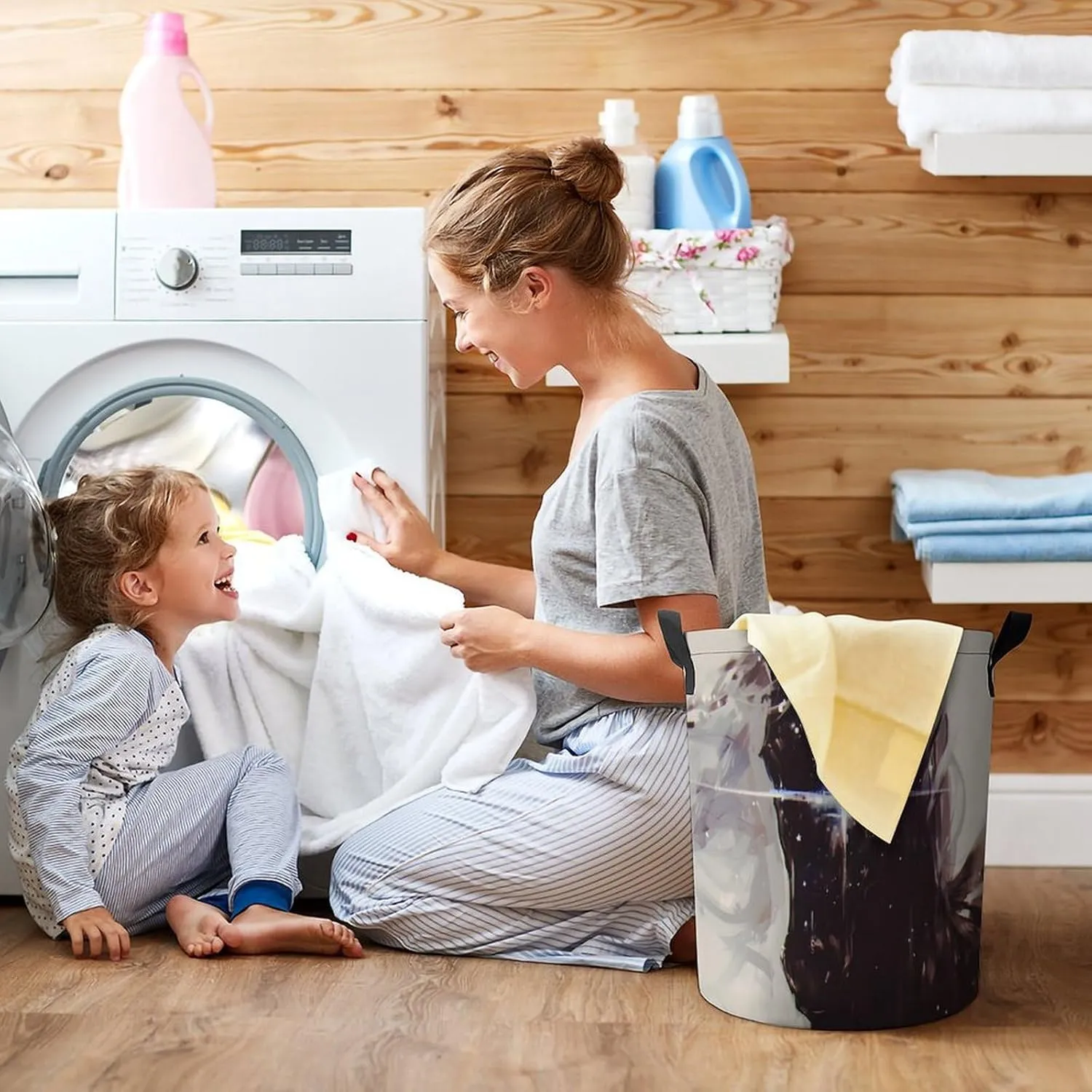 Laundry Hampers, Large Drawstring Laundry Bag, Removable Laundry Bags, Collapsible Storage Bin with Handles for Home Organization, Kids Room, Nursery Art