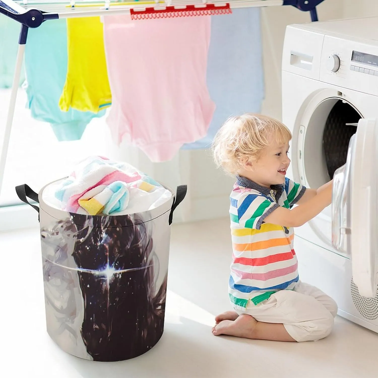 Laundry Hampers, Large Drawstring Laundry Bag, Removable Laundry Bags, Collapsible Storage Bin with Handles for Home Organization, Kids Room, Nursery Art